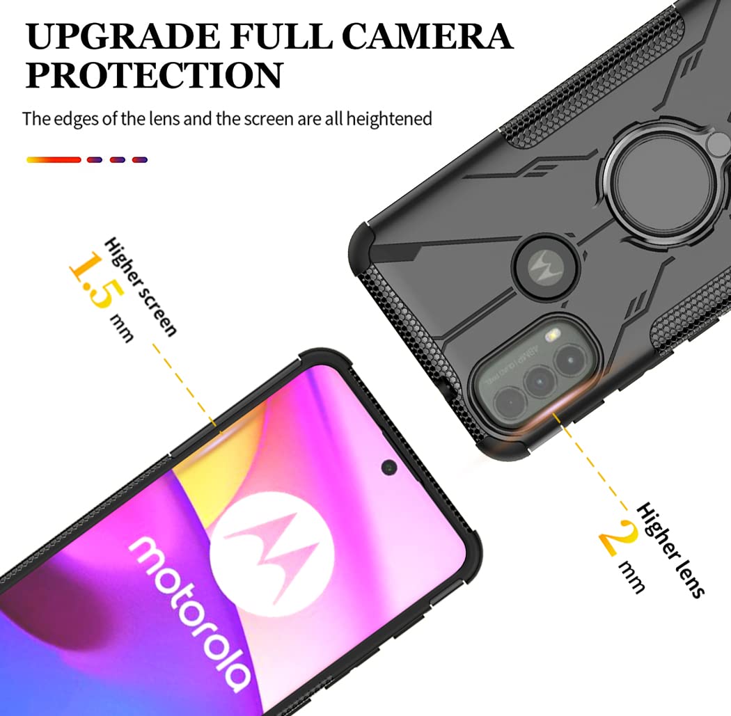 Magnetic Kickstand Case for Motorola Moto E20/E30/E40 (XT2155/XT2158) with Tempered Glass Screen Protector - 360° Rotating Ring Holder, Protective Cover (Black) - Perfect for Work, Travel, and Everyday Use