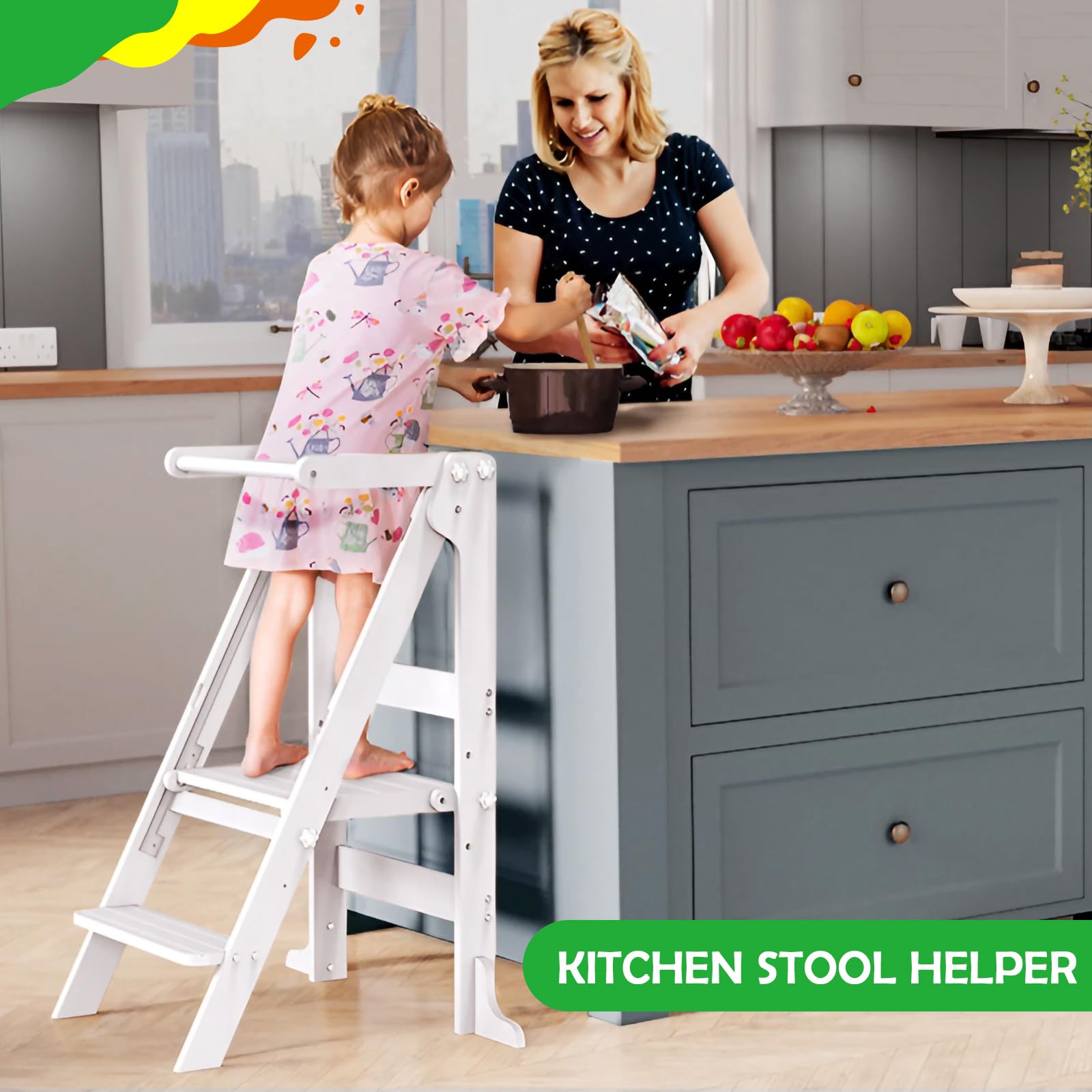 Foldable Toddler Tower with 3 Adjustable Heights & Double-Sided Drawing Board - Montessori Kitchen Step Stool with Safety Rail - Learning Stool for Kids - Standing Helper for Counter, Bathroom Sink (White) - Perfect for Cooking, Bathing & Creative Play