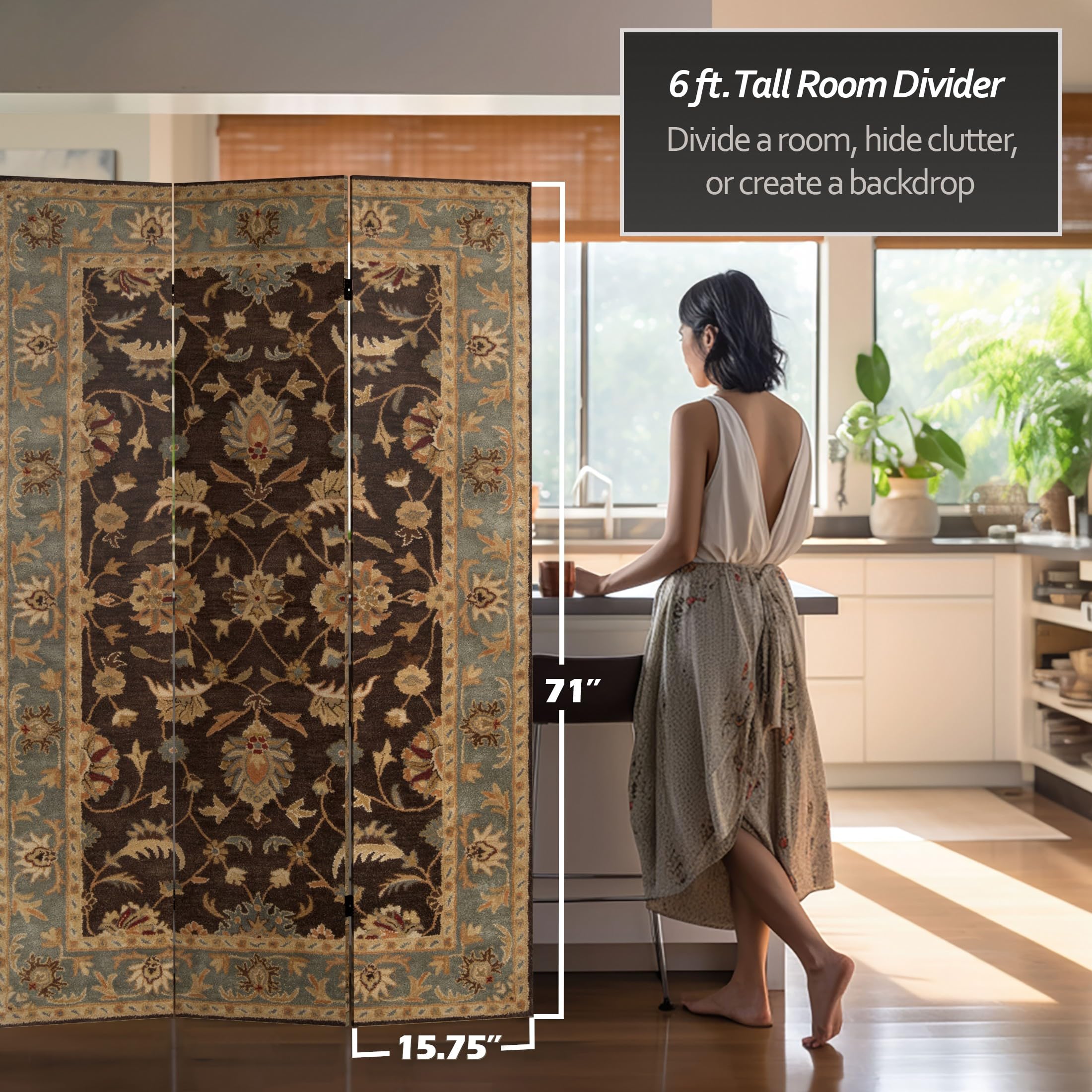 6 ft. Tall Red Lantern Double-Sided Persian Rug Canvas Room Divider - Beige Handmade Partition Screen for Living Room, Bedroom, and Office Decor