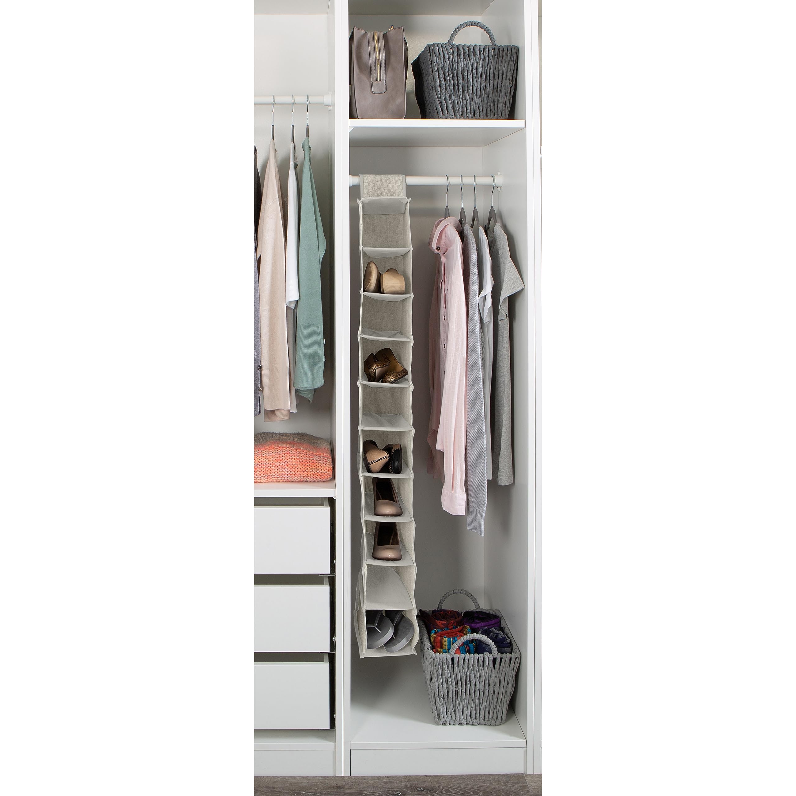 10-Tier Shoe Organizer - Polypropylene & Cardboard Storage Rack for Closet, Bedroom, Entryway - Space-Saving Off-White Shoe Shelf (25428-FEJ) - Perfect for Organizing Sneakers, Boots & Heels