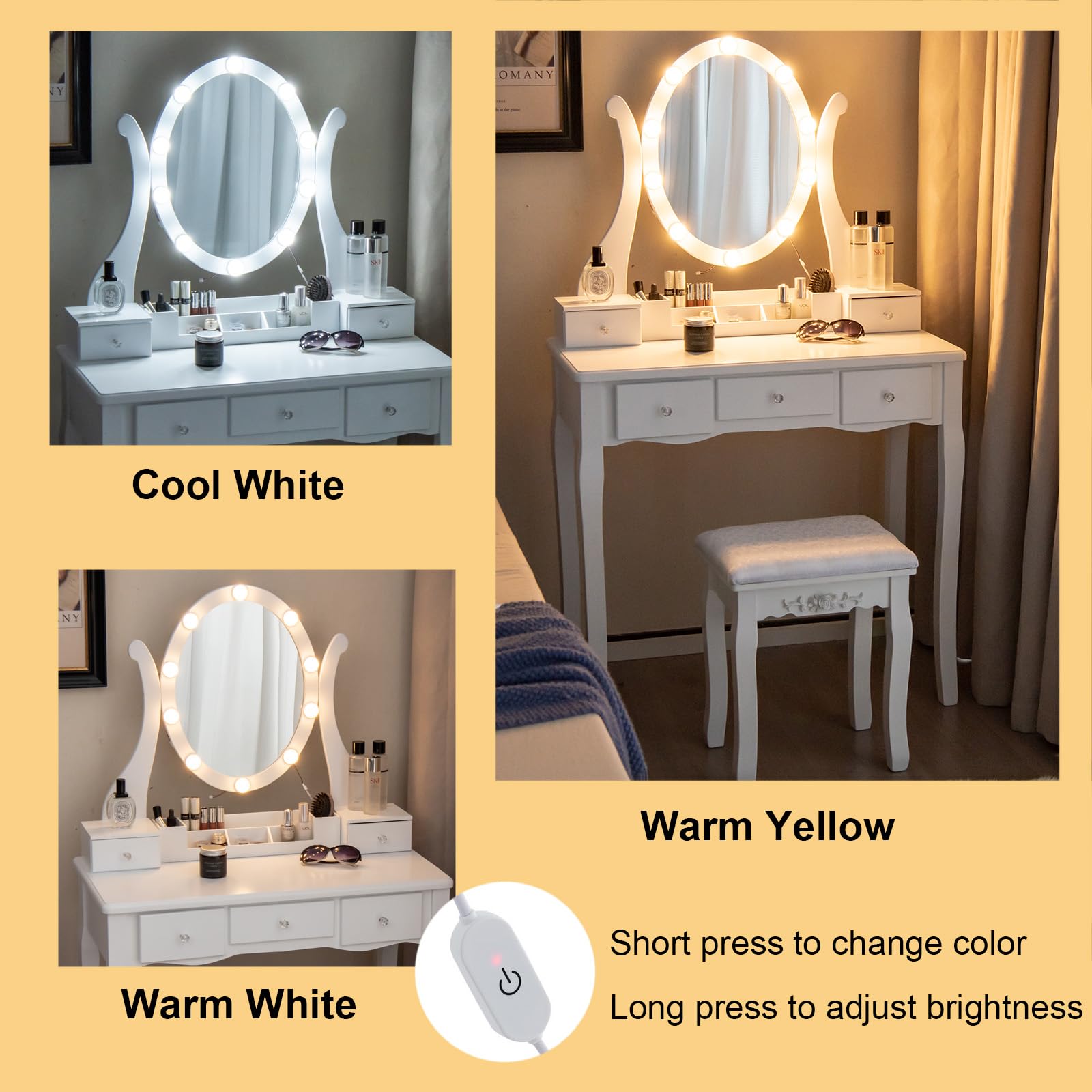 Charmaid White Makeup Vanity Table with LED Lighted Mirror - 10 Adjustable Brightness Lights, 5 Drawers & Removable Organizer, Dressing Desk with Stool for Bedroom, Bathroom & Beauty Salon