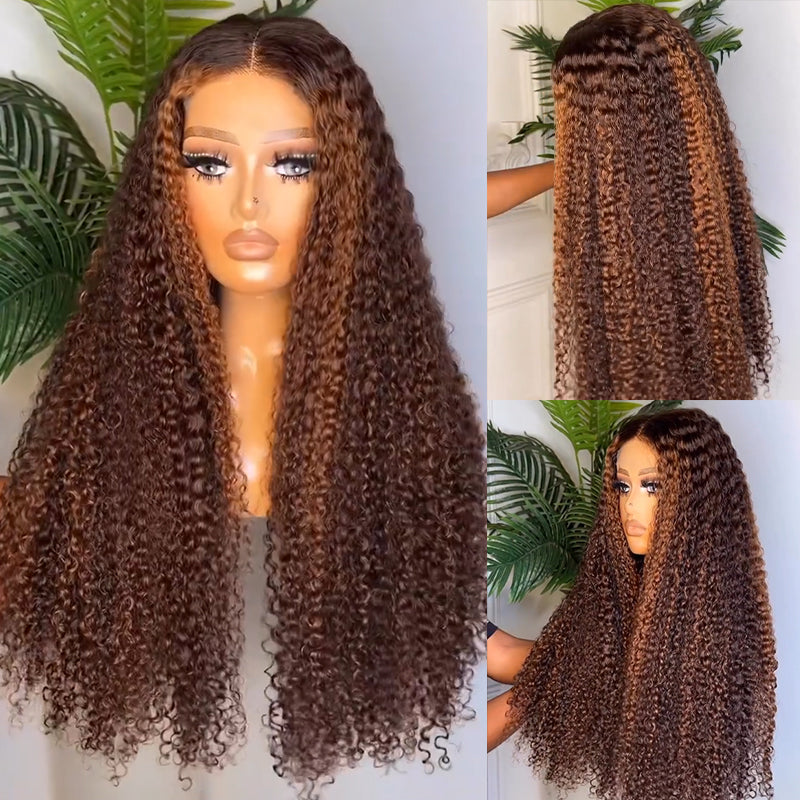 Eullair Honey Brown Highlights Kinky Curly Human Hair Lace Front Wig - Pre-Colored Glueless Lace Frontal Wig for Women | Natural Look for Daily Wear, Parties & Special Occasions