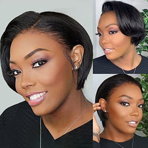 Asteria 13x6 Lace Front Pixie Cut Human Hair Wigs for Black Women - Pre Plucked Natural Black Straight Short Bob Wig with Baby Hair | 8 Inch Short Hair Style for Everyday Wear & Special Occasions