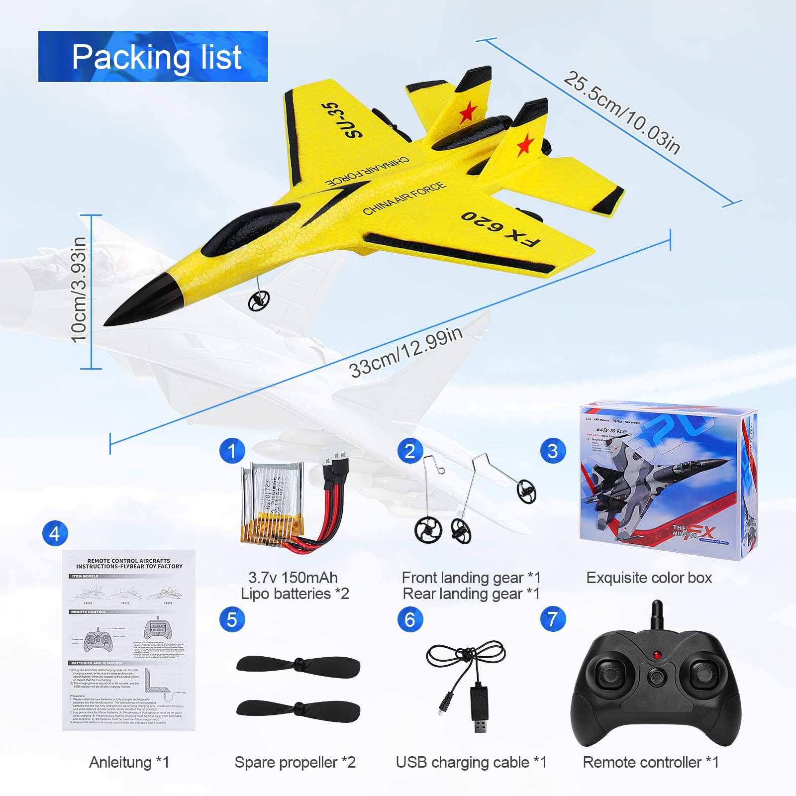 **SU35 2CH RC Airplane - 2.4GHz Ready-to-Fly Remote Control Jet with Night Lights & USB Charging - Easy to Fly Toy for Boys, Kids & Beginners - Outdoor & Indoor Play, Birthday Gifts, Backyard Fun (Yellow)**