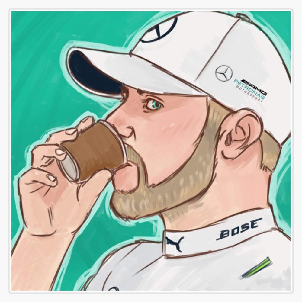 Valtteri Bottas Coffee Time Vinyl Decal Sticker - 5 Inch Waterproof Laptop, Wall, Window, Car Bumper Decoration for F1 Racing Fans & Coffee Lovers