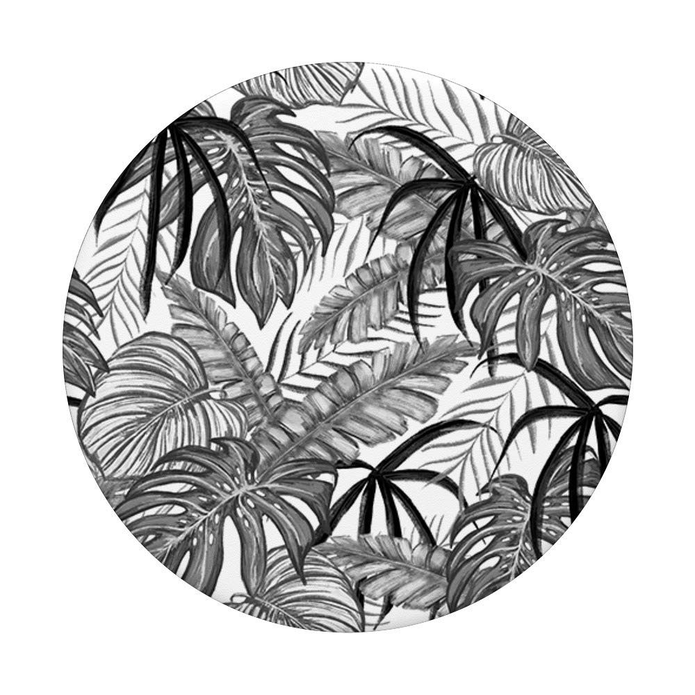 Tropical Palm Fronds Leaves Phone Grip - Grey Black White Nature PopSockets Stand for iPhone, Samsung & Tablets | Perfect for Beach Vacations, Pool Parties & Summer Travel Accessories