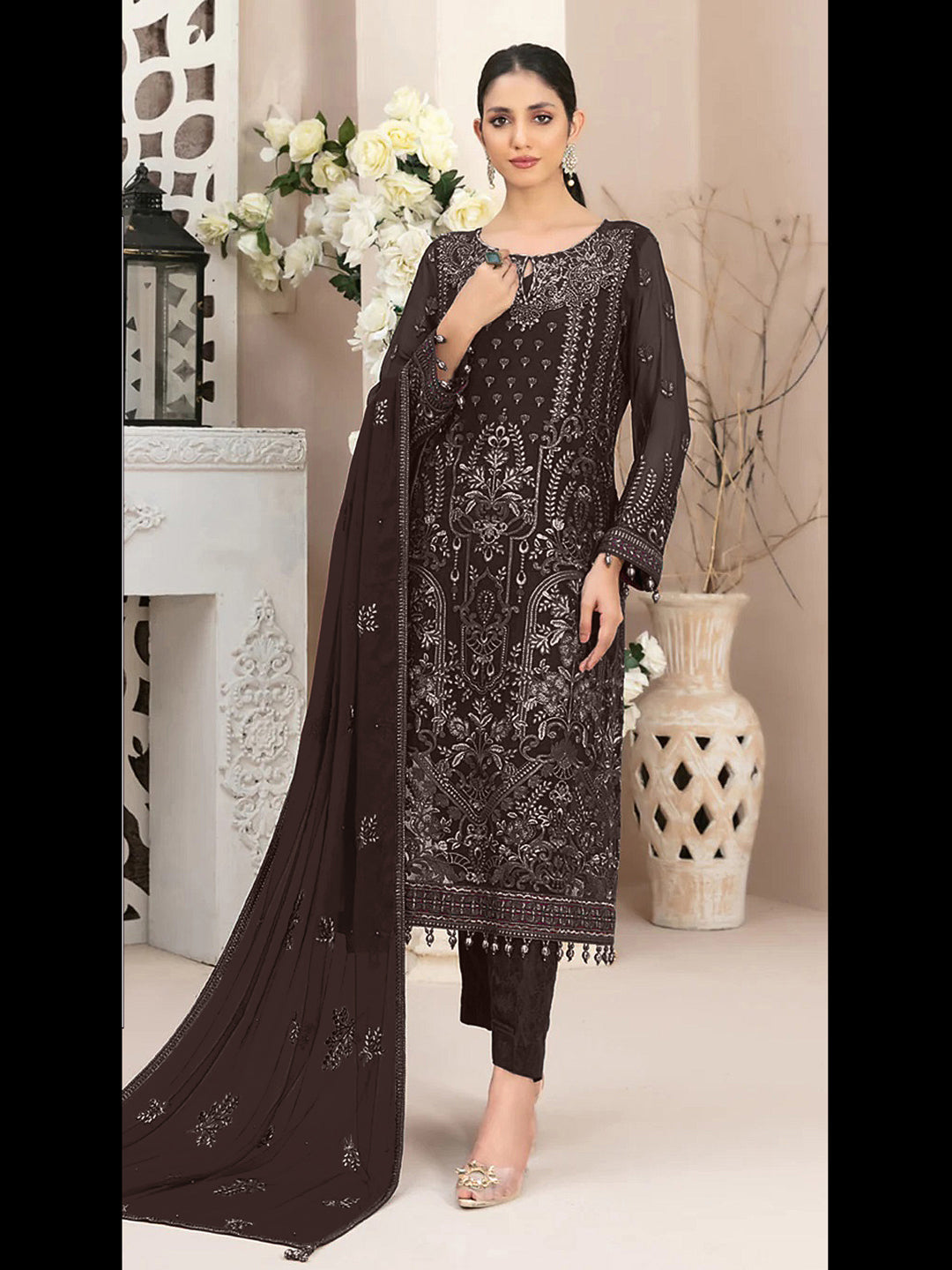 Elegant Brown Designer Semi-Stitched Pant Suit with Exquisite Embroidery - Perfect for Weddings, Parties & Formal Events