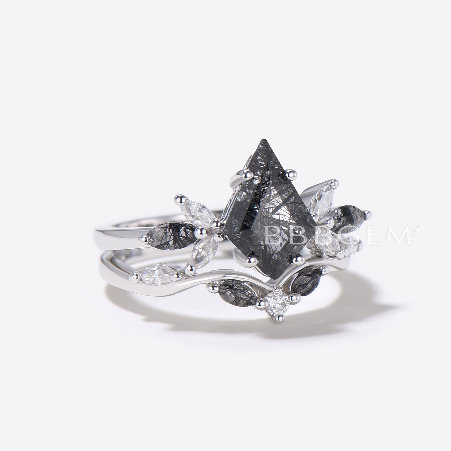 Black Rutilated Quartz Kite Cut Seven Stone Wedding Ring for Women - Elegant Engagement & Anniversary Jewelry Gift