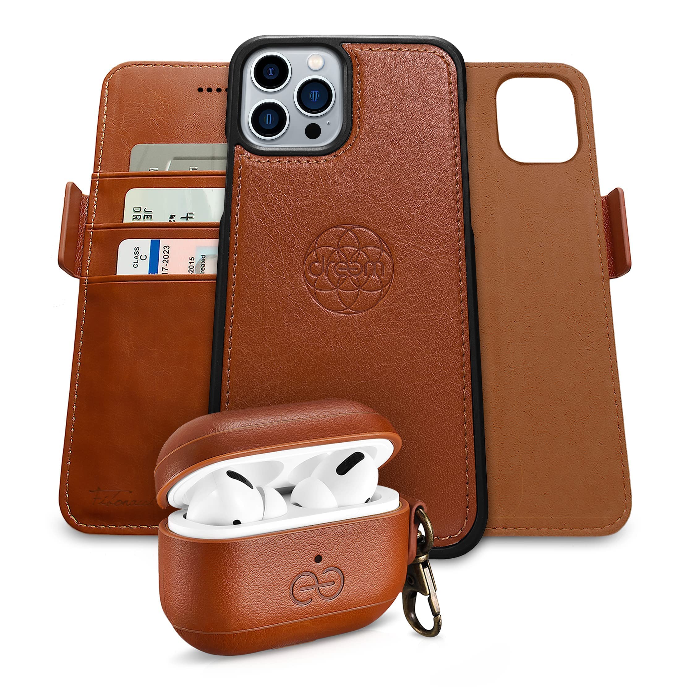 Fibonacci Wallet Case for iPhone 13 Pro Max with Om AirPod Pro Case Cover - Premium Leather Dreem Bundle in Caramel Brown | Slim RFID Blocking Phone Wallet for Cards & Cash | Perfect for Travel, Work & Everyday Use