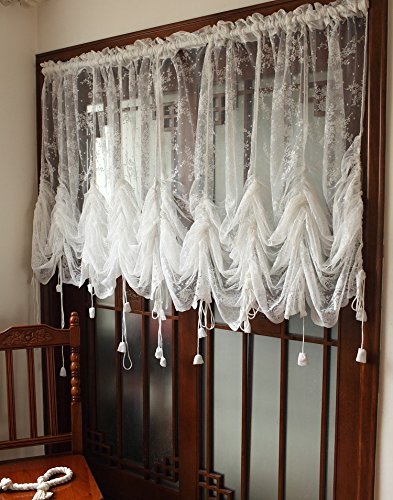 LELVA White Lace Embroidered Sheer Balloon Curtains - 1 Panel Floral Tulle Window Drapes (78