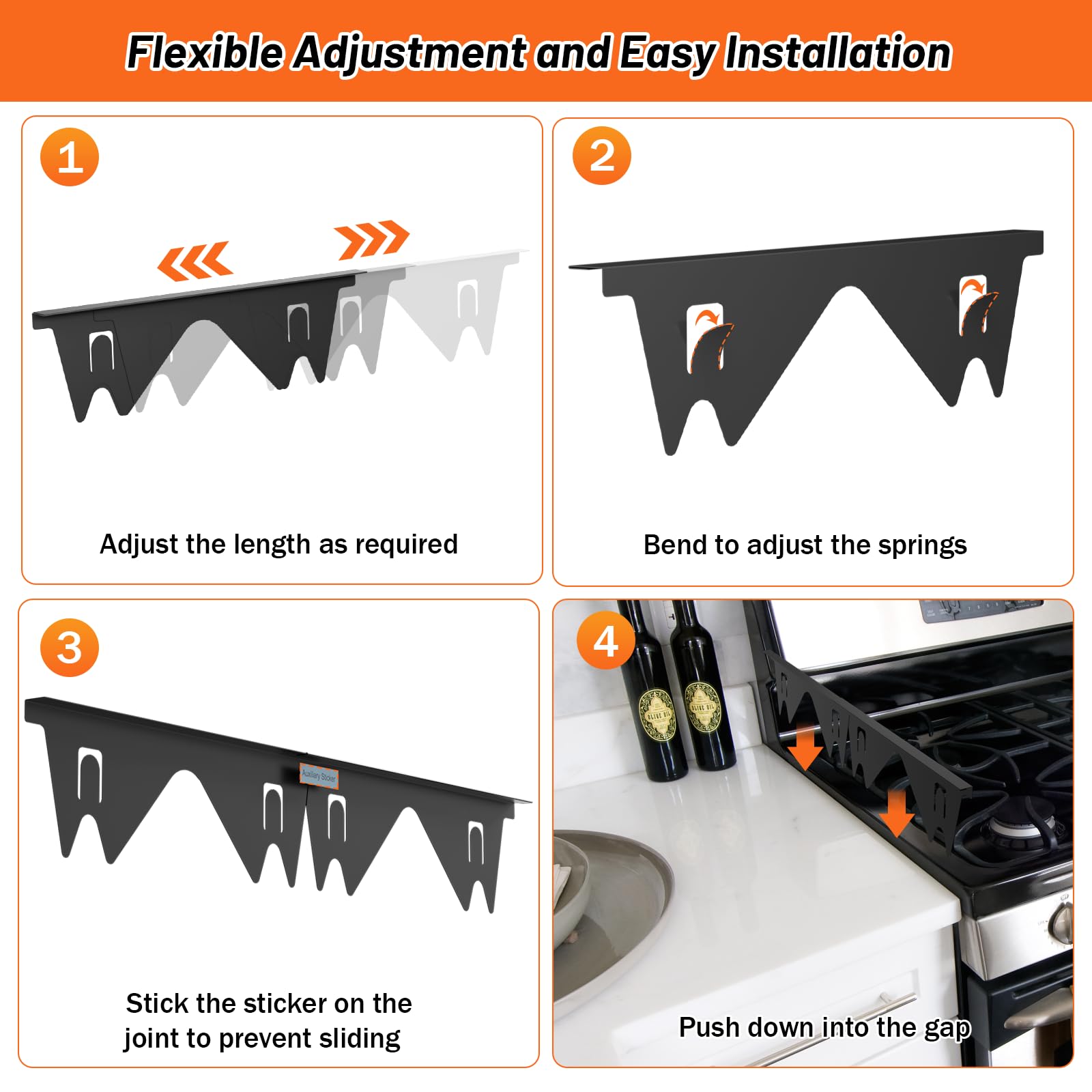 Stainless Steel Stove Gap Covers (2PCS) - Adjustable Range Gap Filler for Kitchen Oven, Heat Resistant Stove Guard Trim Kit (13.8''-27.5'') - Easy Clean Black Countertop Protector for Safe Cooking & Spill Prevention