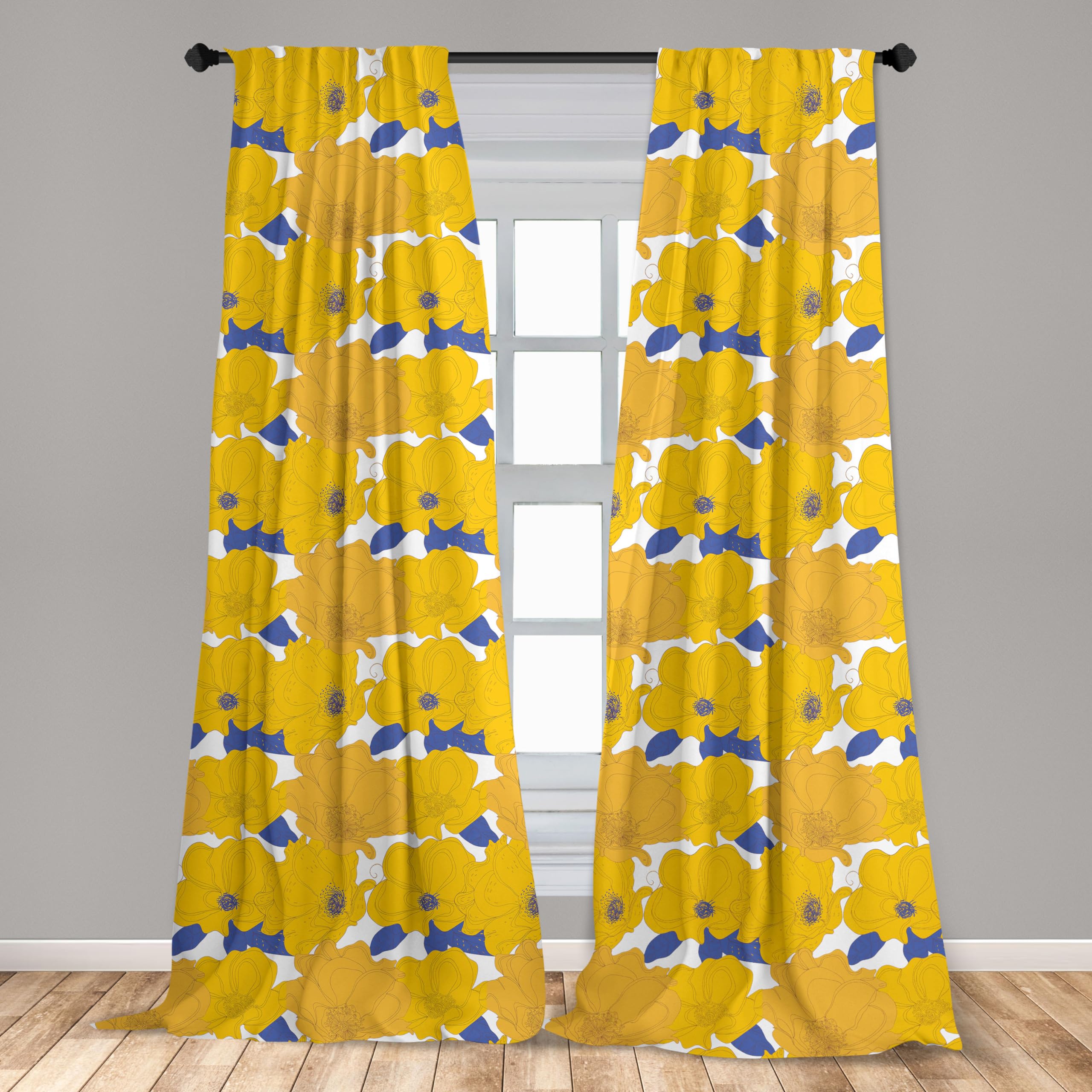 Ambesonne Floral Window Curtains Set of 2 - Hand Painted Blue Abstract Flower Design with Rod Pocket, Lightweight Sheer Panels 56x95 Inches - Perfect for Living Room, Bedroom & Nursery Decor (Orange Yellow)