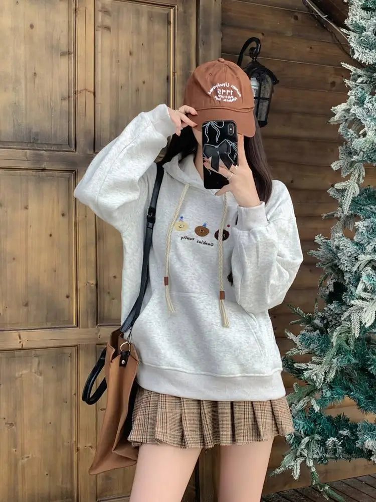 Women's Grey Embroidered Drawstring Hoodie - Korean Fashion Cotton Velvet Sweatshirt for Autumn Winter | Casual Streetwear & Vacation Outfit