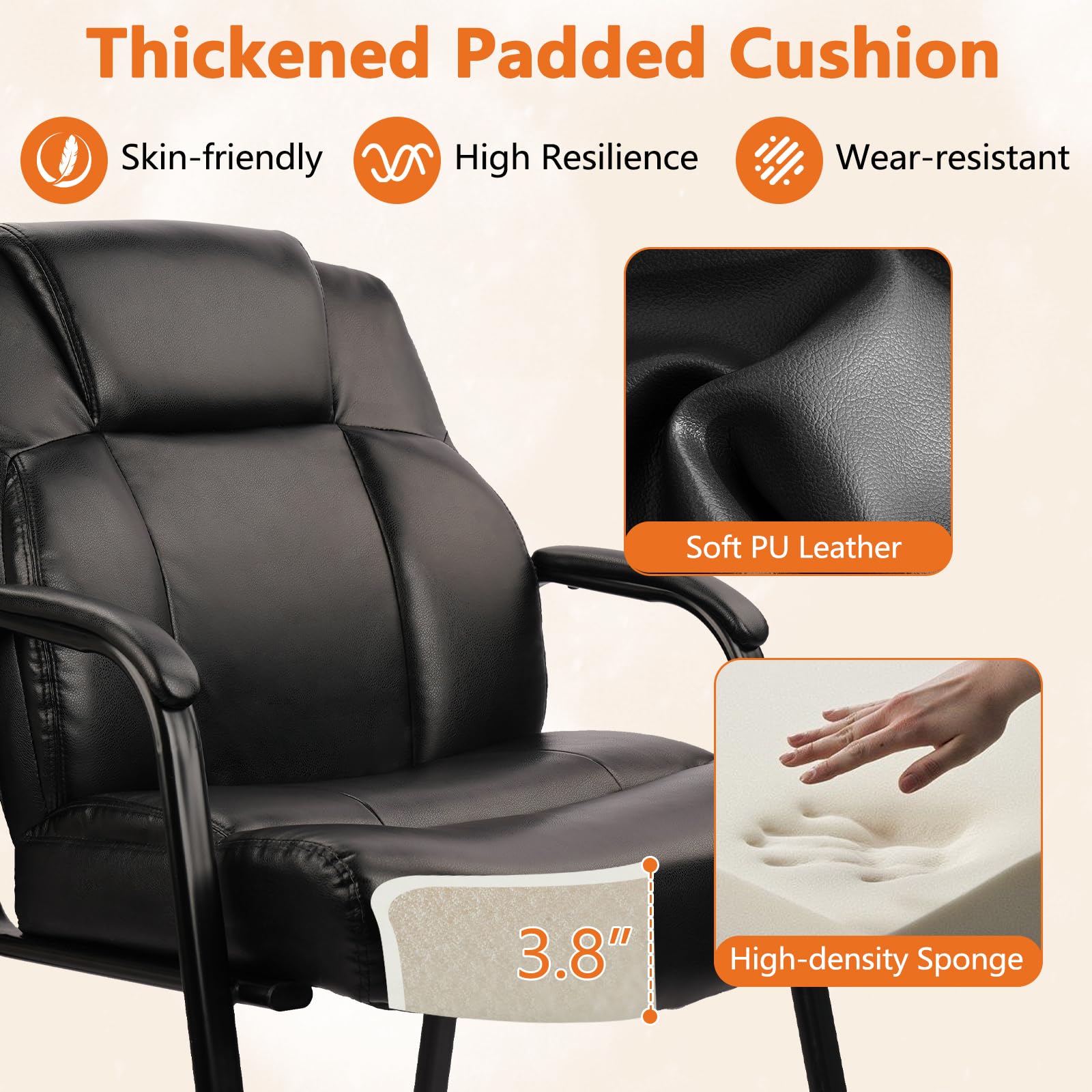 CLATINA 500 LBS Capacity Big & Tall Heavy Duty Guest Chair - Wide Leather Reception Chair with Padded Armrests, No Wheels - Executive Office Desk Chair for Conference, Meeting, Waiting Room & Home Use - Perfect for Corporate Offices, Reception Areas and Home Offices - Black