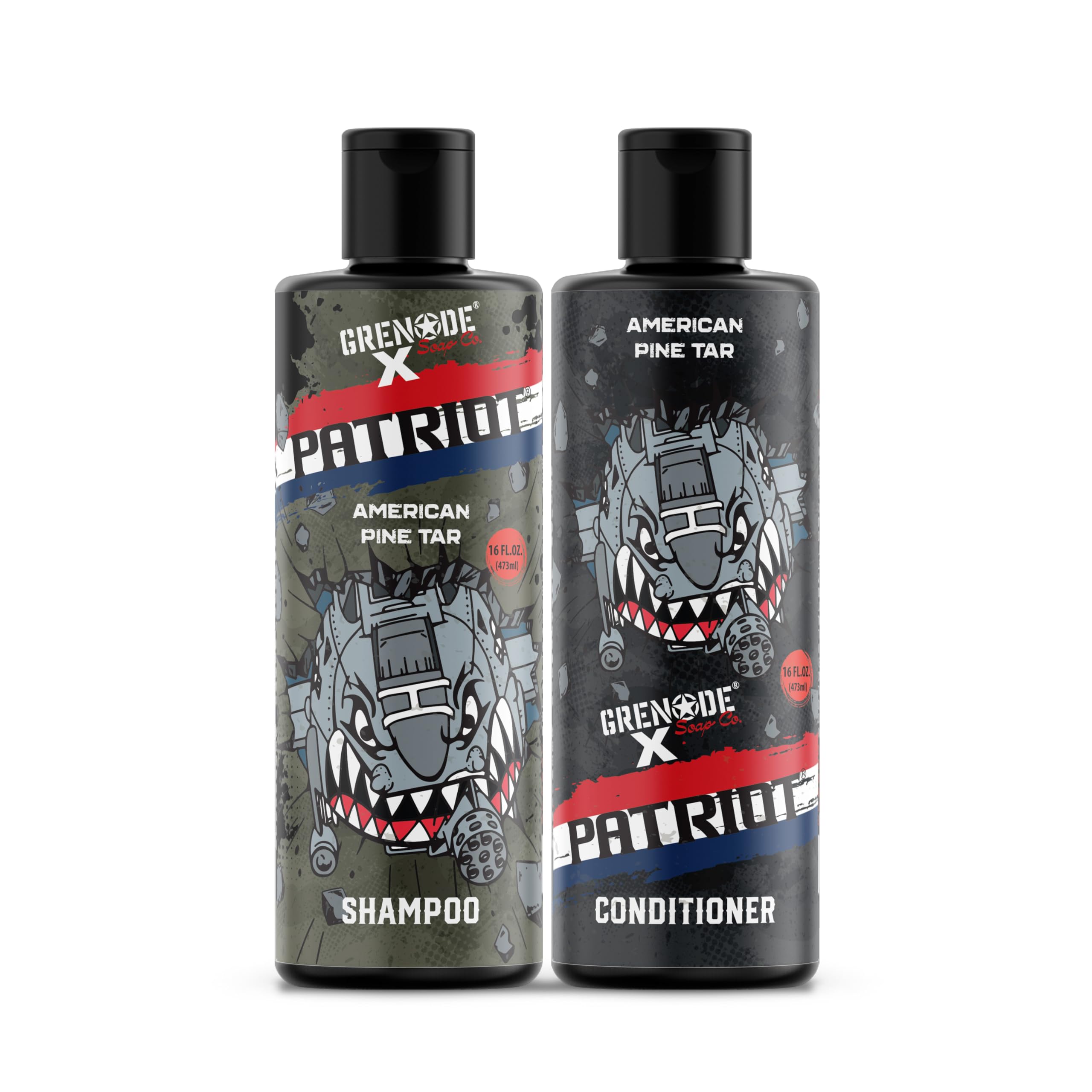 Grenade Grooming Patriot American Pine Tar Shampoo & Conditioner Set for Men - 16oz 2 Pack | Soothes Dry, Flaky, Itchy Scalp | Natural Hair Care for Military Enthusiasts | Made in USA | Perfect Gift for Armed Forces & Daily Haircare Routine