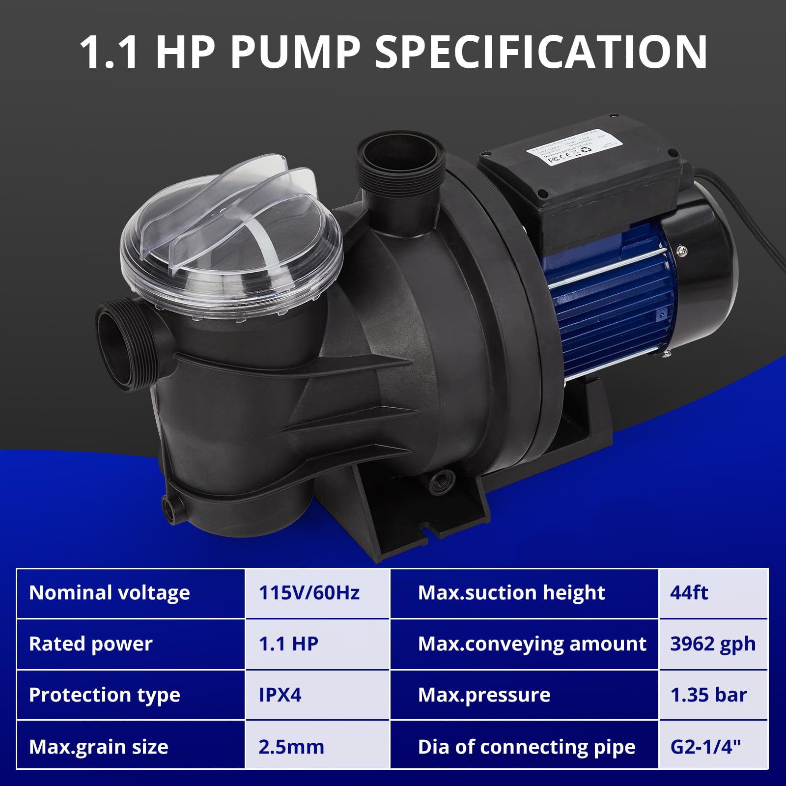 1.1HP In-Ground & Above-Ground Pool Pump - 800W 115V High Flow Swimming Pool Pump (3962GPH) with Self-Priming & Filter Basket - Low Noise Energy Efficient Water Pump for Home, Backyard, and Commercial Pools