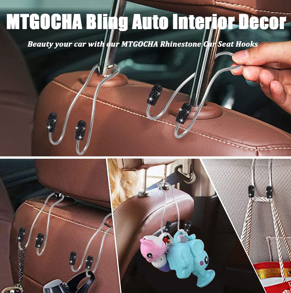 MTGOCHA Universal Car Headrest Hooks - 2 Pack Black Bling Purse Hangers for Women, Durable Metal Seat Hook for Handbags, Totes & Shopping Bags | Perfect Car Accessories for Groceries, Takeout & Daily Essentials