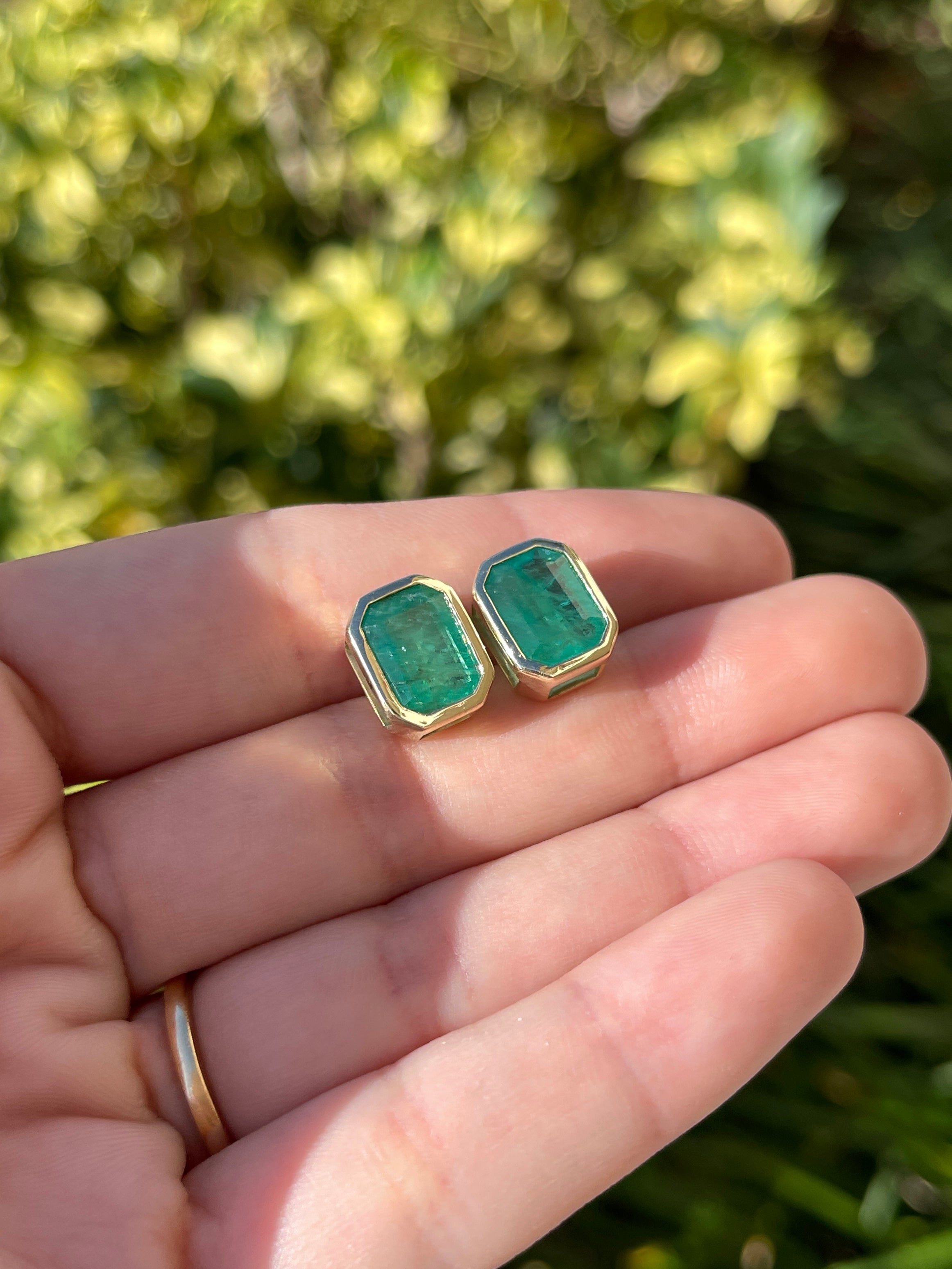 6.0tcw Natural Emerald Stud Earrings in 18K Gold Bezel Setting - Elegant Jewelry for Women, Perfect for Weddings, Parties & Daily Wear