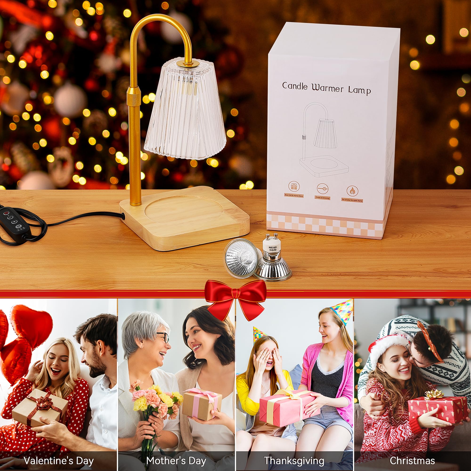 Adjustable Height Candle Warmer Lamp with Timer & 2 Bulbs - Dimmable Electric Wax Melter Heater for Small Jar Candles - Perfect Gift for Women, Mom, Birthday - Home & Desk Decor for Relaxation & Aromatherapy