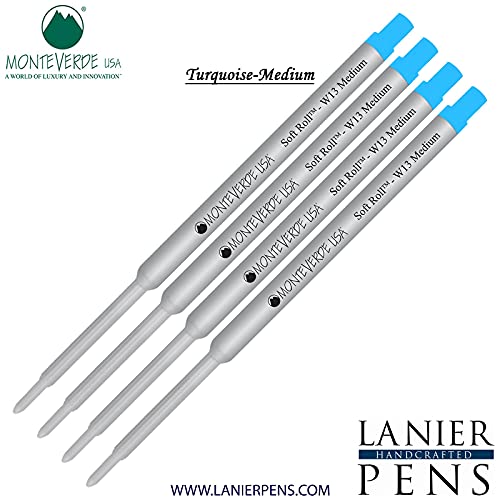 Monteverde® Soft Roll™ Ballpoint W13 Paste Ink Refill 4-Pack - Compatible with Waterman® Style Pens - Turquoise Medium Tip 0.7mm - Perfect for Office, School & Everyday Writing