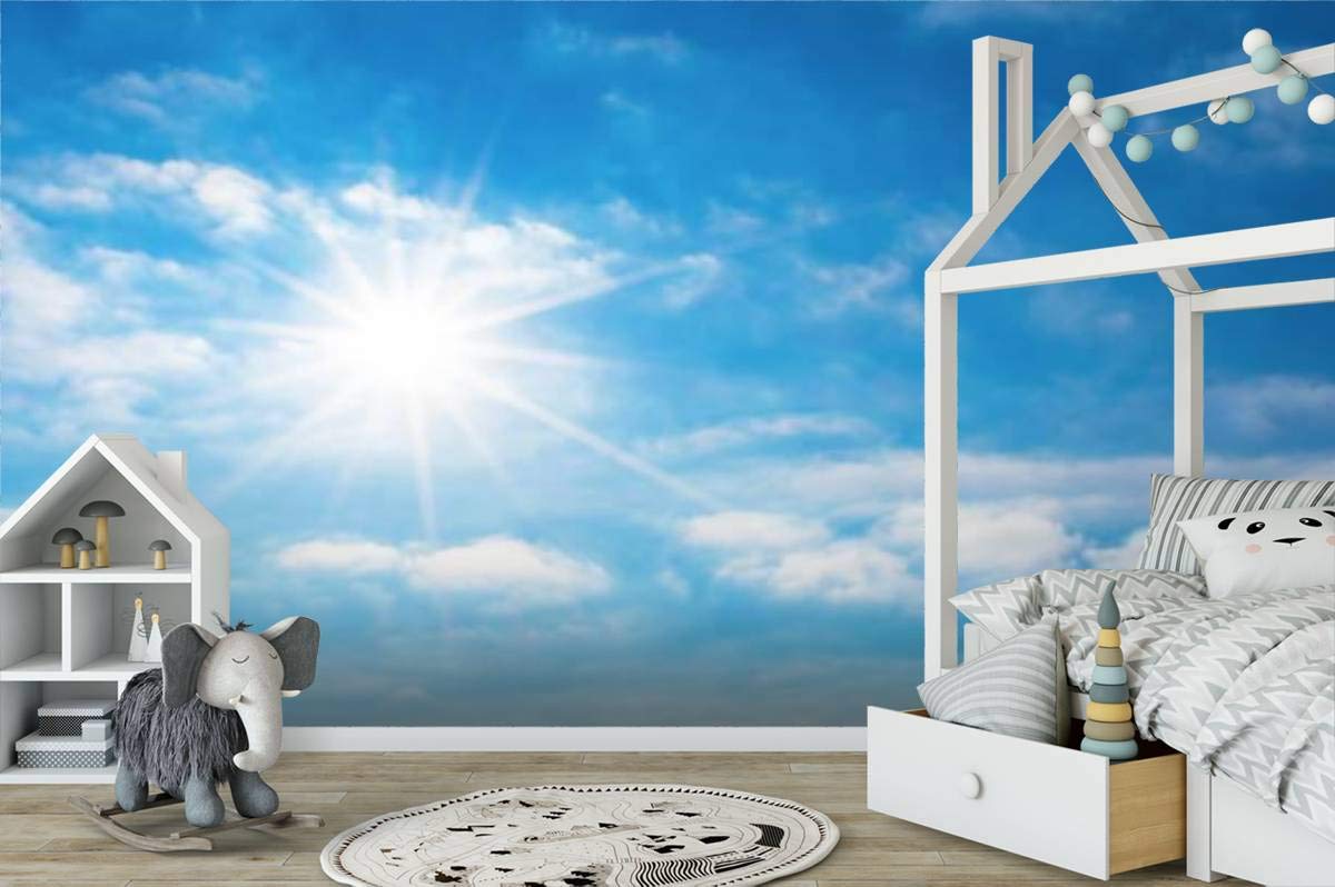 3D Self-Adhesive Wallpaper - Sun with Bright Rays in Blue Sky & White Clouds | Peel & Stick Wall Mural for Bedroom, Living Room, Dorm Decor | Easy to Apply on Walls, Ceiling & Wardrobes | Perfect for Home, Office & Nursery Renovation