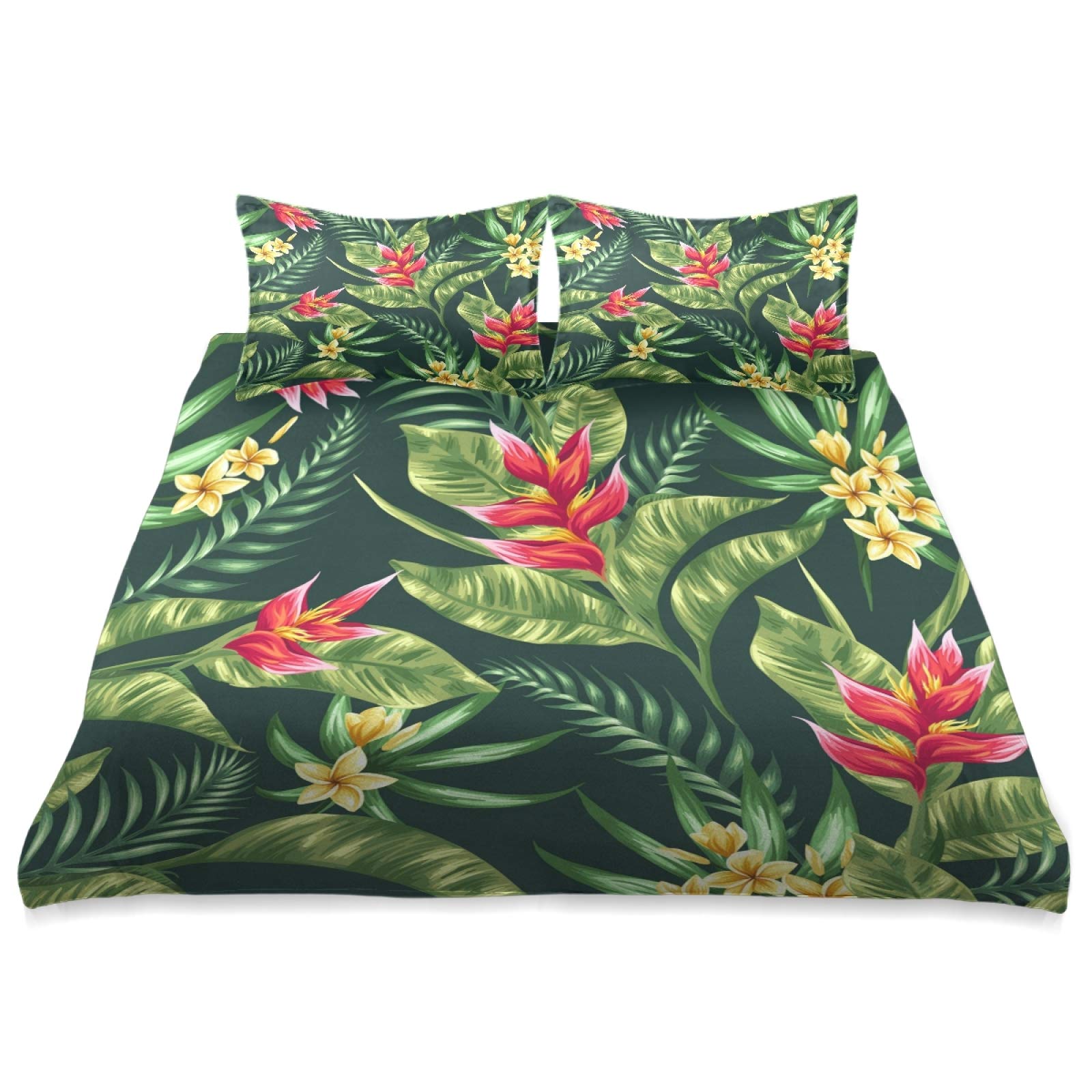 Tropical Flower Palm Leaves Comforter Set - 3 Piece Ultra Soft All Season Queen Size Bedding (90x90 Inch) for Cozy Bedroom Decor & Guest Room Styling