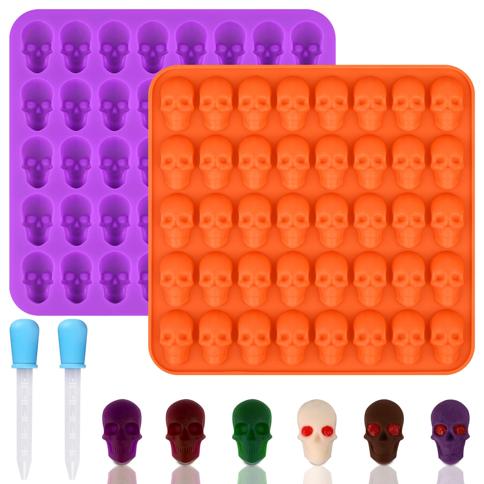 HUAKENER 2 Pack Silicone Skull Molds with Droppers - Food Grade Candy, Chocolate, Jelly, Ice Cube & Resin Casting Molds - Perfect for Halloween Treats, DIY Crafts & Dog Treats Making