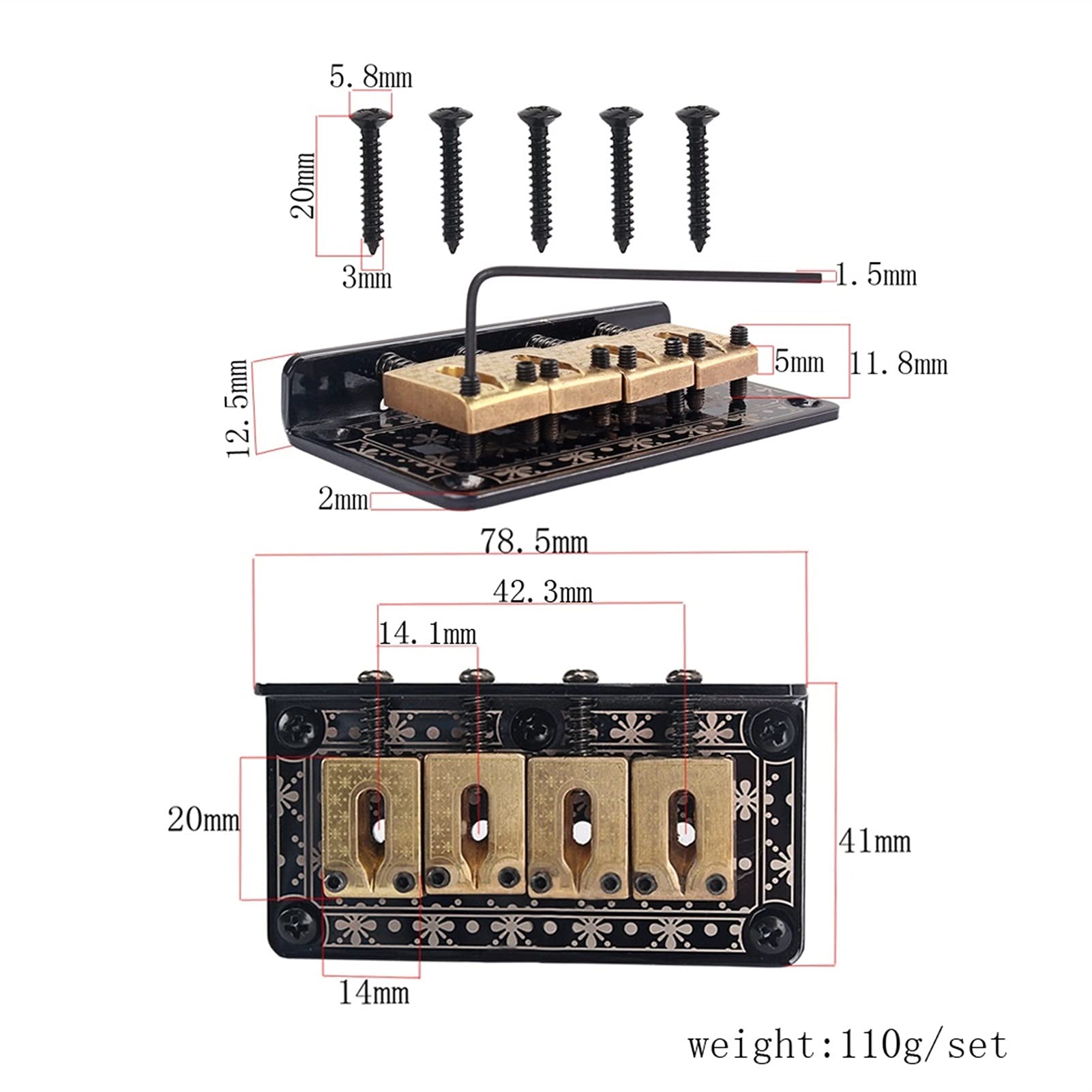 4-String Electric Guitar Bridge Saddle - Hardtail Replacement Part with Screw Wrench for Bass & Cigar Box Guitars | Black Tailpiece for Enhanced Tone & Playability | Perfect for Guitar Upgrades & DIY Repairs