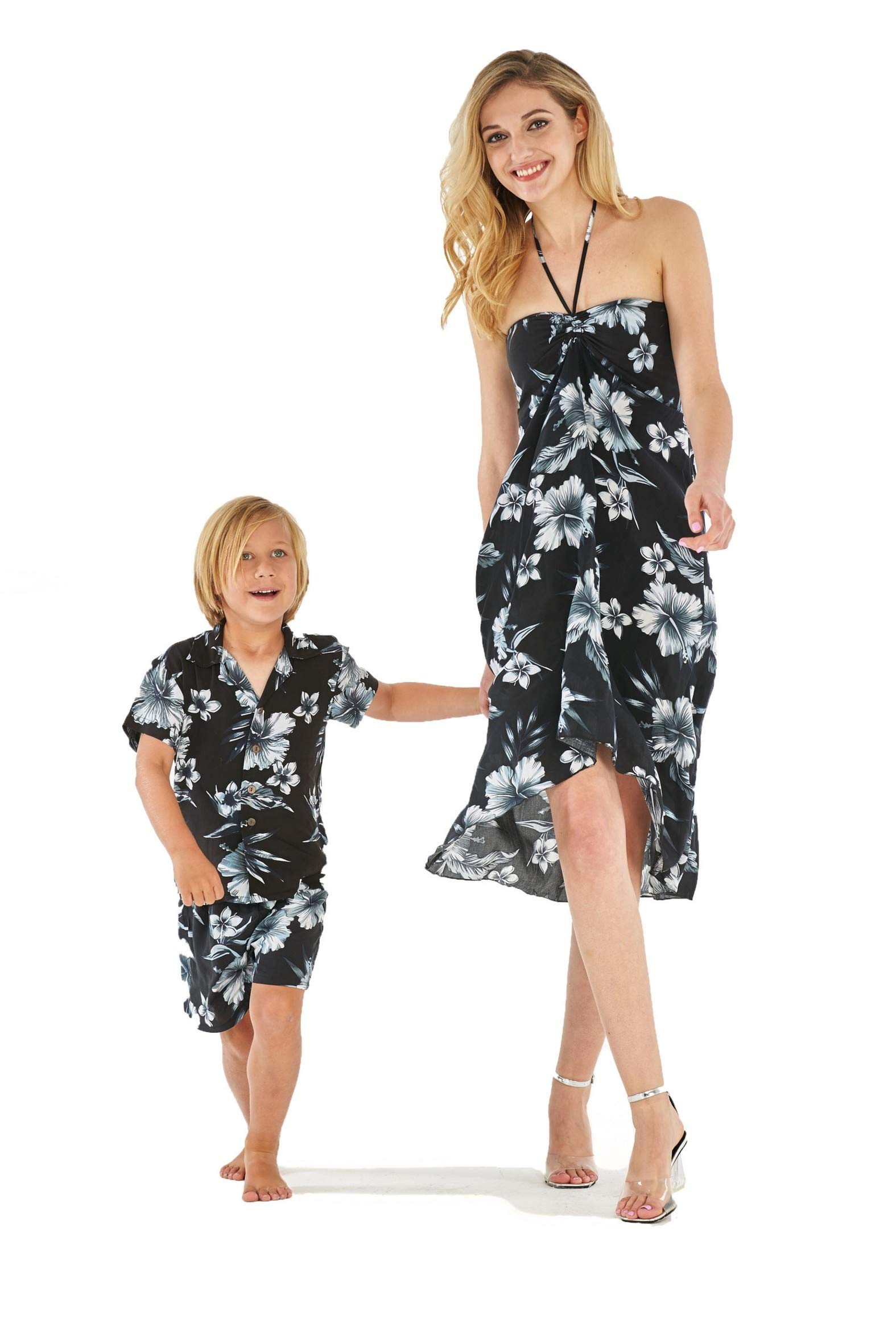 Matching Mother and Son Hawaiian Luau Outfit Set - Tropical Floral Print Dress & Shirt for Beach Party | Perfect for Family Vacations, Summer Photos, and Luau Celebrations