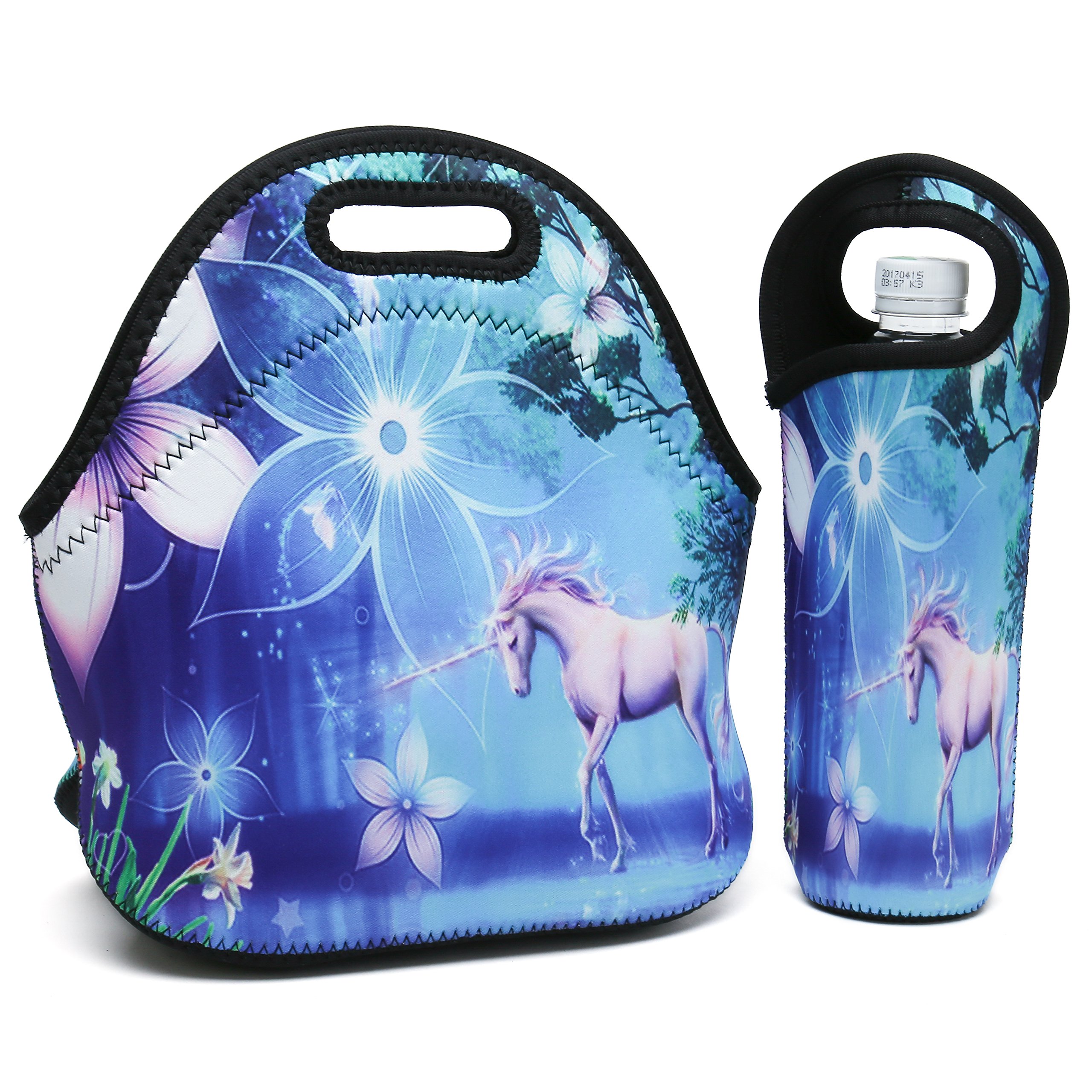 Insulated Neoprene Lunch Bag with Water Bottle Holder - Thick Thermal Lunch Box for Women, Men & Kids - Lightweight & Durable for School, Office, Travel, Picnic - Perfect for Meal Prep, Work Lunch, Outdoor Activities (Cute Unicorn Design)