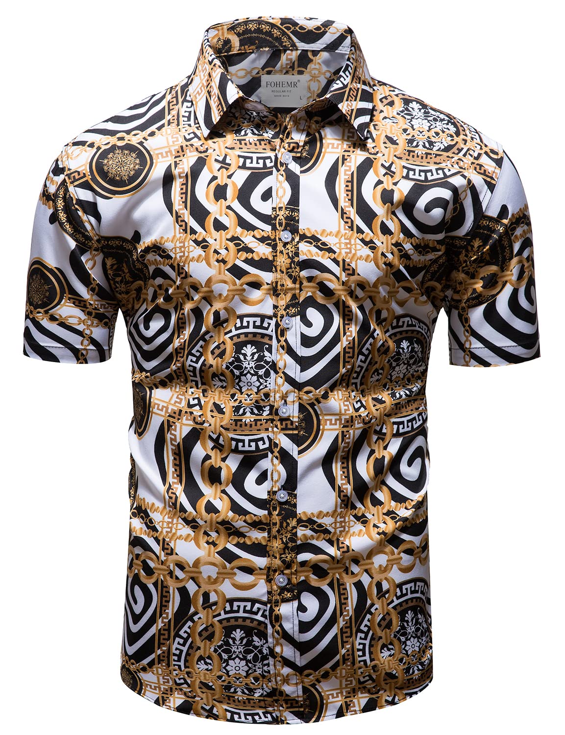 Luxury Men's Black & Gold Baroque Chain Print Dress Shirt - Short Sleeve Casual Button Down Shirt for Party, Club & Formal Events | Buchona Style Fashion