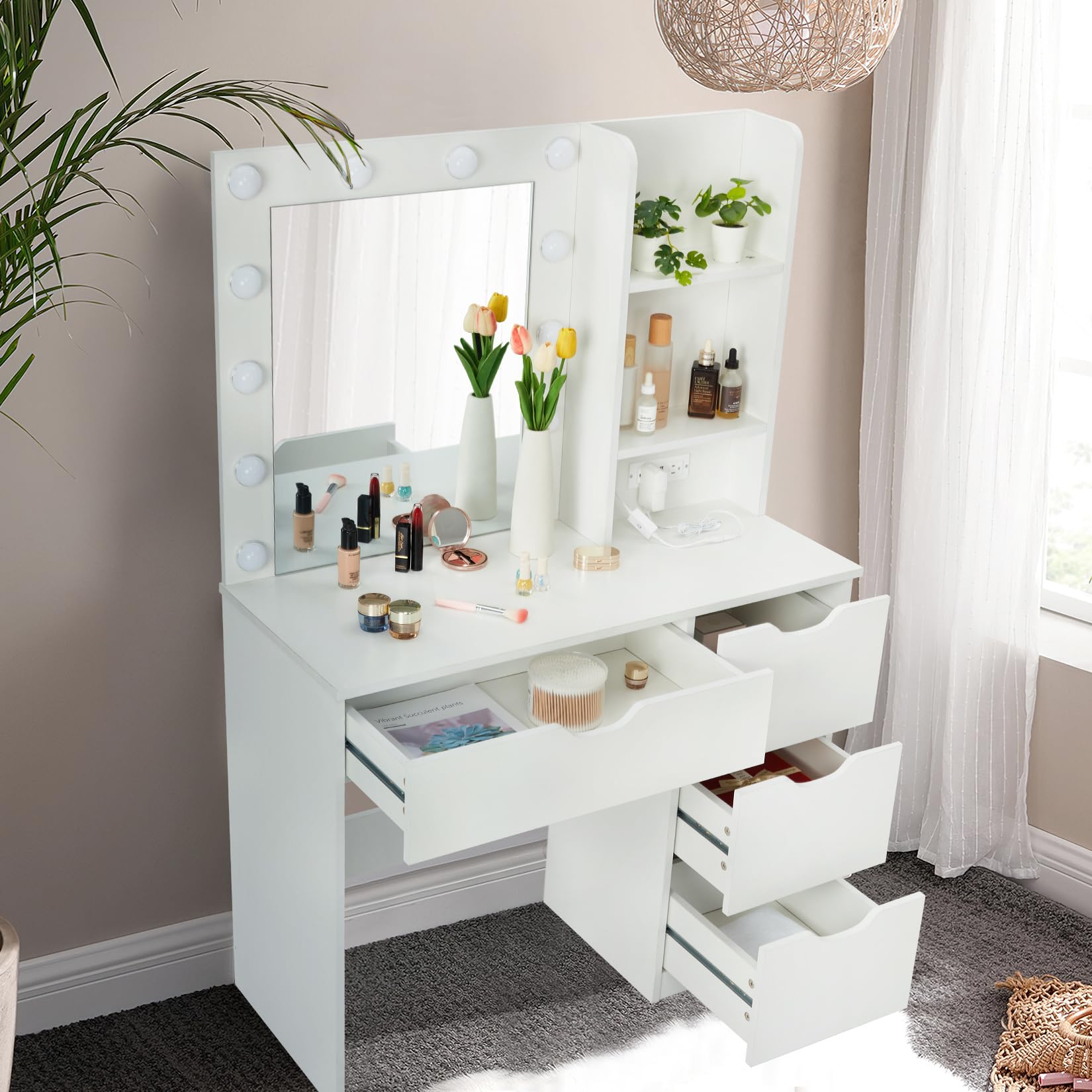 Modern Vanity Makeup Desk with LED Lights & Power Outlet - White Dressing Table with 4 Drawers, Crystal Knobs & Large Mirror - Perfect for Bedroom, Beauty Salon & Home Decor