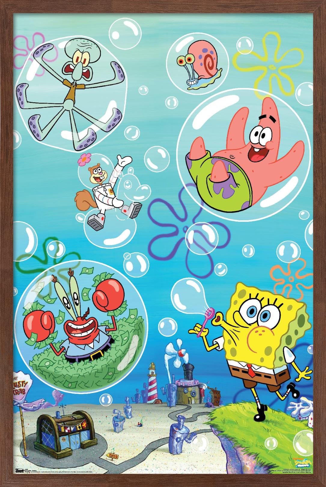 Trends International Nickelodeon Spongebob Squarepants Bubbles Wall Poster - 14.725 x 22.375 Inches, Mahogany Framed Art Print - Perfect for Kids' Room Decor, Classroom, or Cartoon Lover's Collection