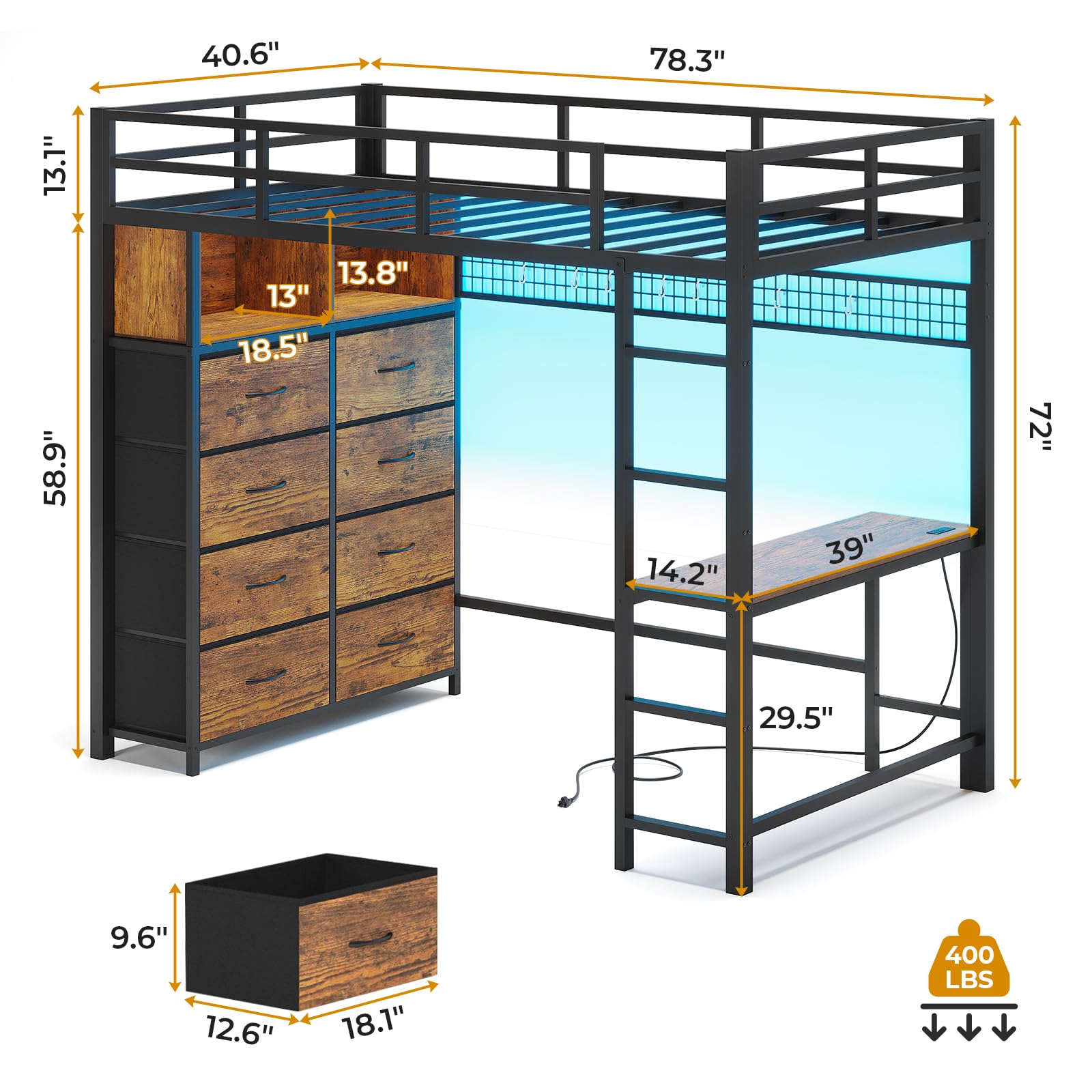 ADORNEVE Twin Size Loft Bed with Desk & 8 Storage Drawers - Metal Bunk Bed with LED Lights, USB Charging Station & Shelves - 13.1