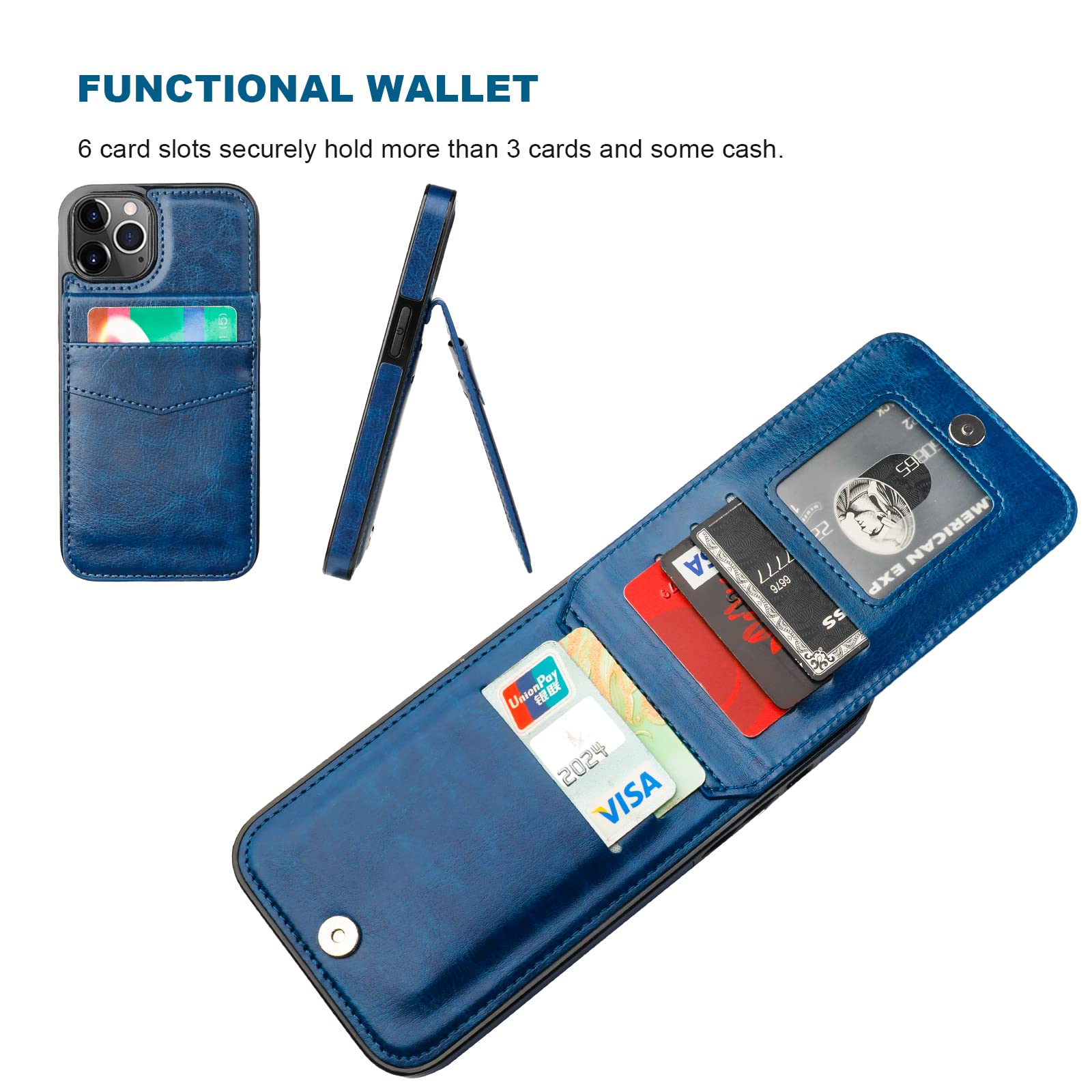 Premium Leather iPhone 12 Pro Max Case with Magnetic Wallet & Kickstand - Heavy Duty Protective Cover with Credit Card Holder for 6.7 Inch iPhone (Blue) | Perfect for Work, Travel & Everyday Use