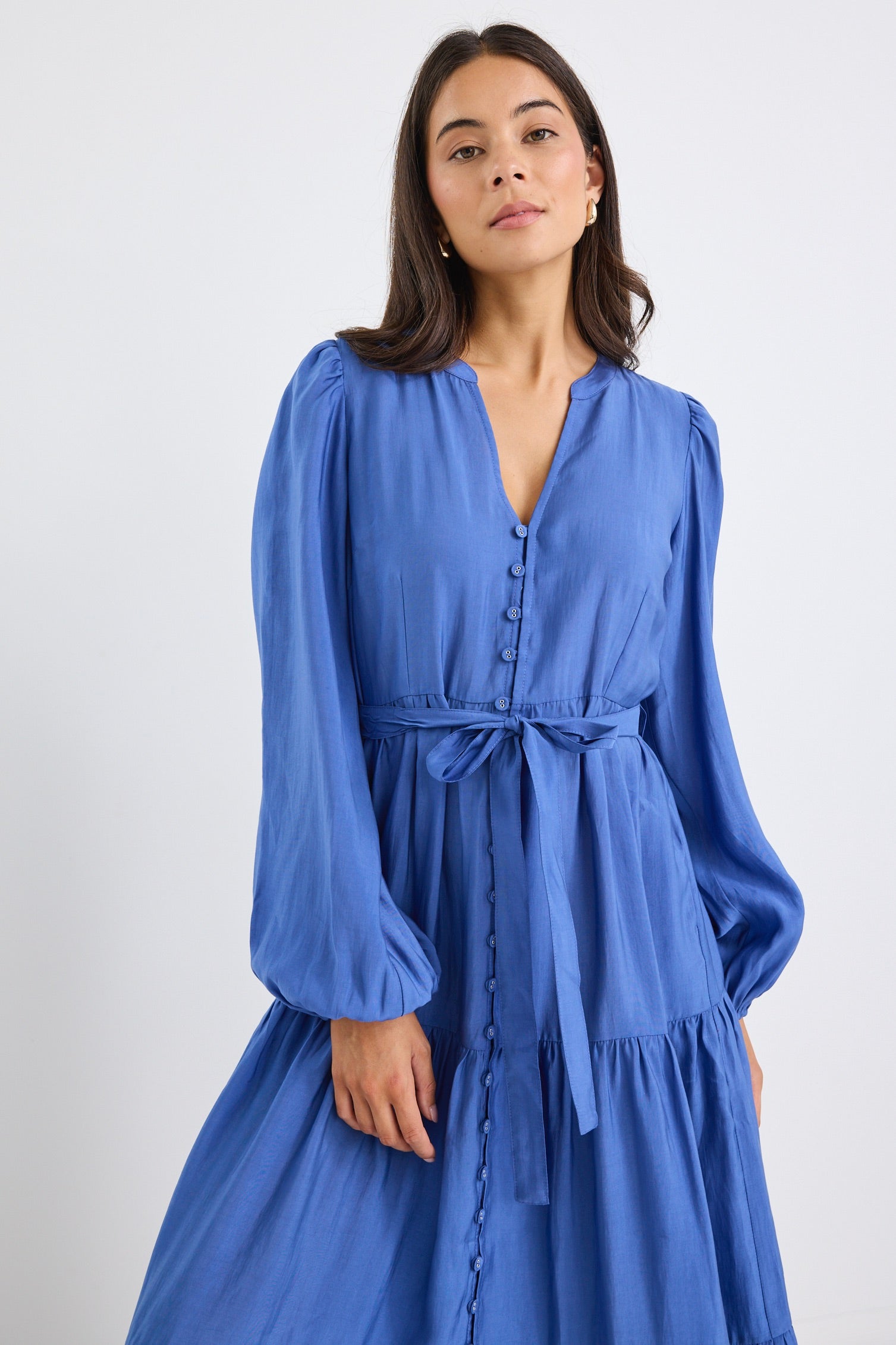 Applause Women's Ocean Blue Balloon Sleeve Button Front Midi Dress - Perfect for Summer Weddings, Beach Vacations & Date Nights