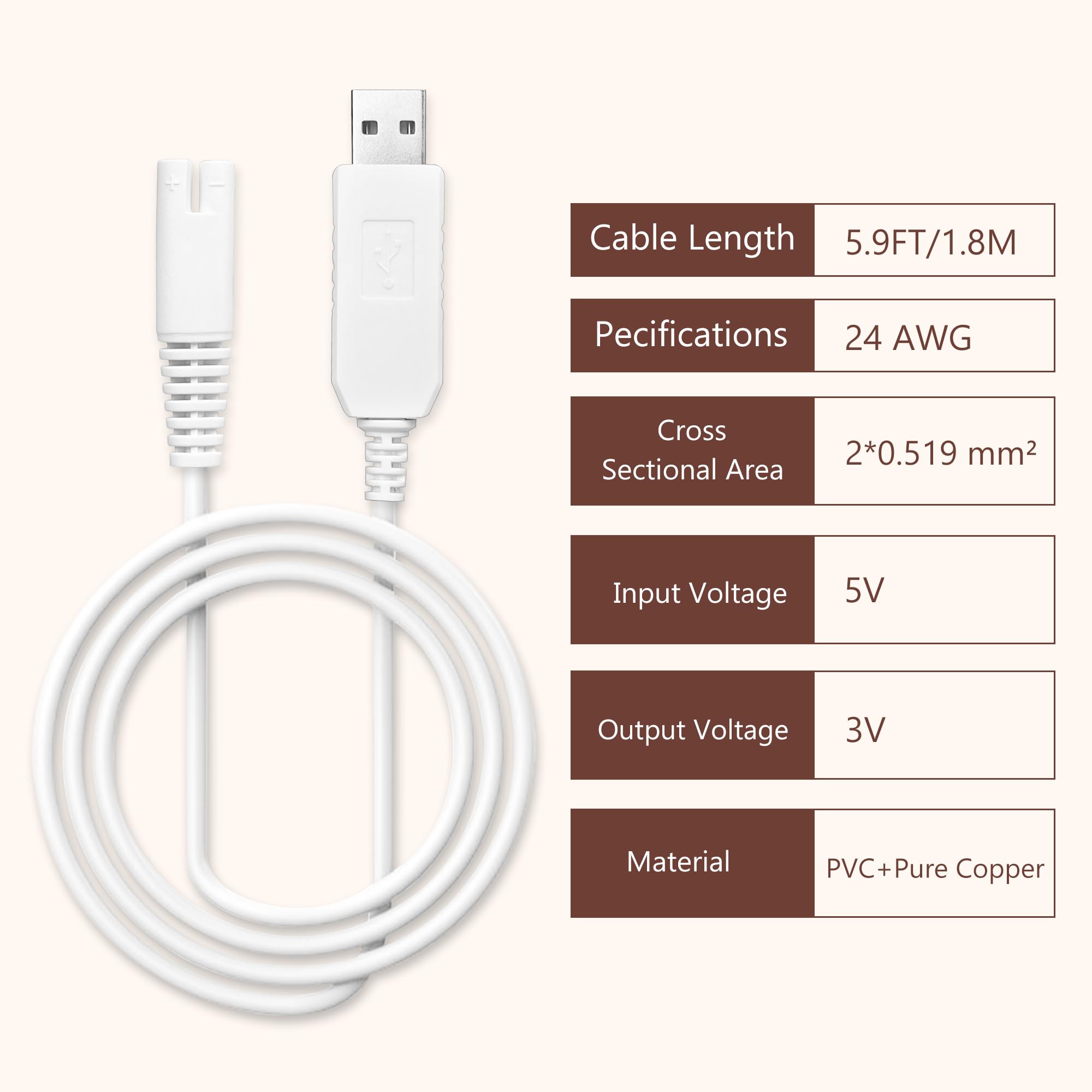 Original USB Charging Cable for Waterpik Water Flosser WP360 WP360W WP360C WP400 WP440 WP440C WP450 WP462 WP462W WP468 WF13 WP100 - 3V 5.9ft Portable Charger Cord (White 1-Pack) | Perfect for Travel Home & Dental Care Use