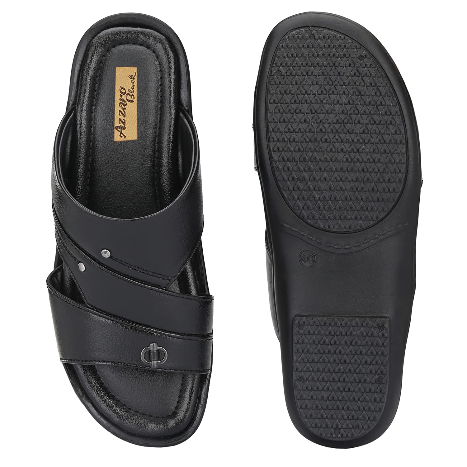 AZZARO BLACK Men's Synthetic Leather Slip-On Casual Slippers - Comfortable Indoor & Outdoor House Shoes for Lounging, Errands, and Relaxation