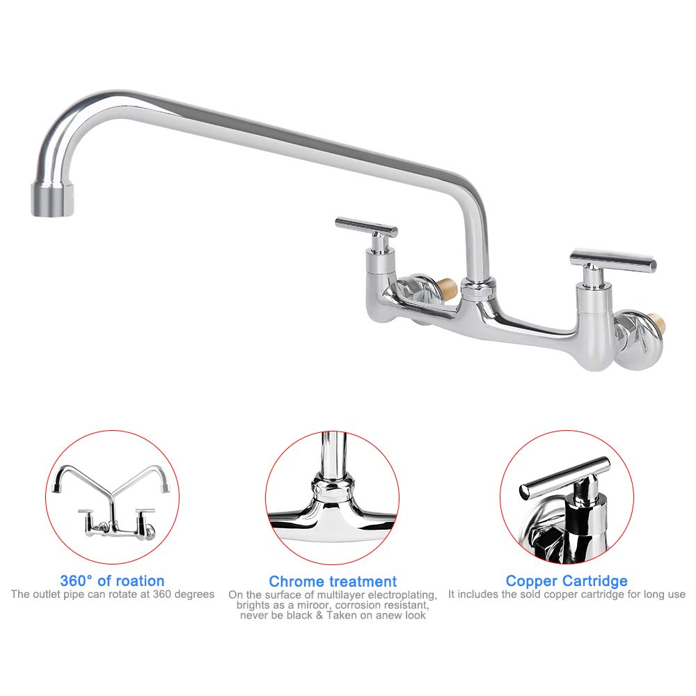 XIUBE 14-Inch Swivel Spout Wall Mount Commercial Kitchen Sink Faucet - 8-Inch Centerset, 2-Handle Chrome Finish for Restaurant & Prep Sink - Ideal for Backsplash Mount & Compartment Kitchens