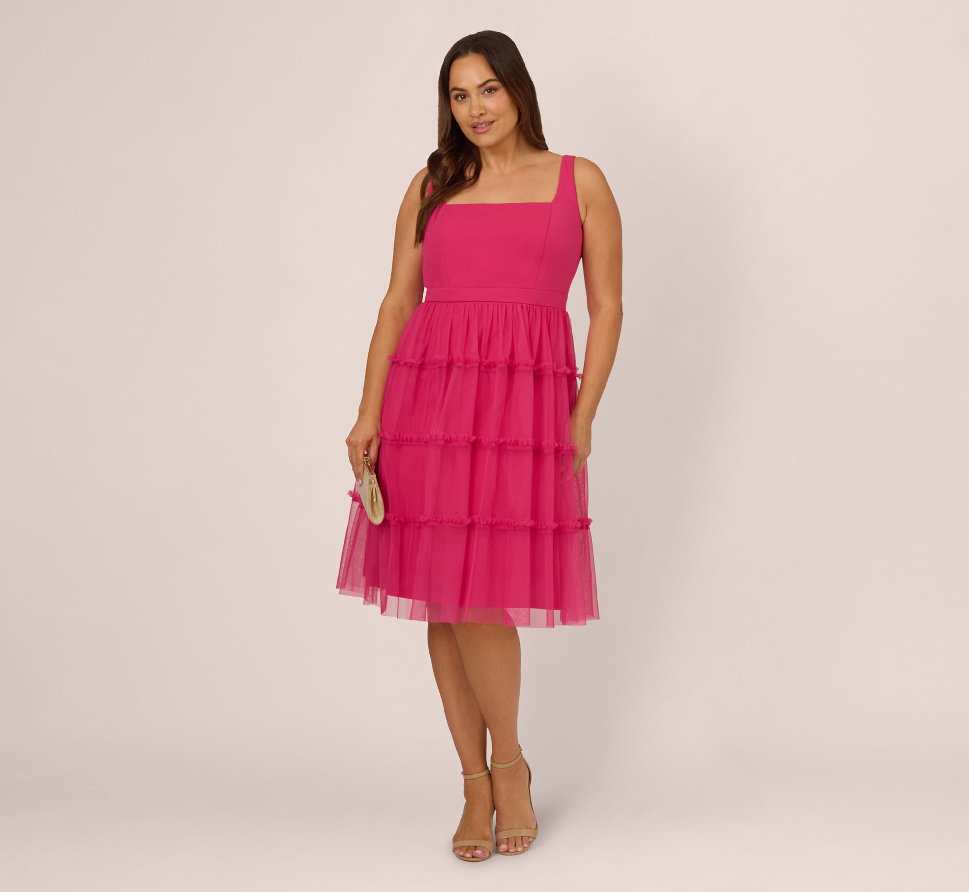 Plus Size Sleeveless Midi Dress with Square Neck & Tiered Skirt in Bright Rose - Flowy Summer Dress for Women, Casual Beach Wear & Wedding Guest Outfit