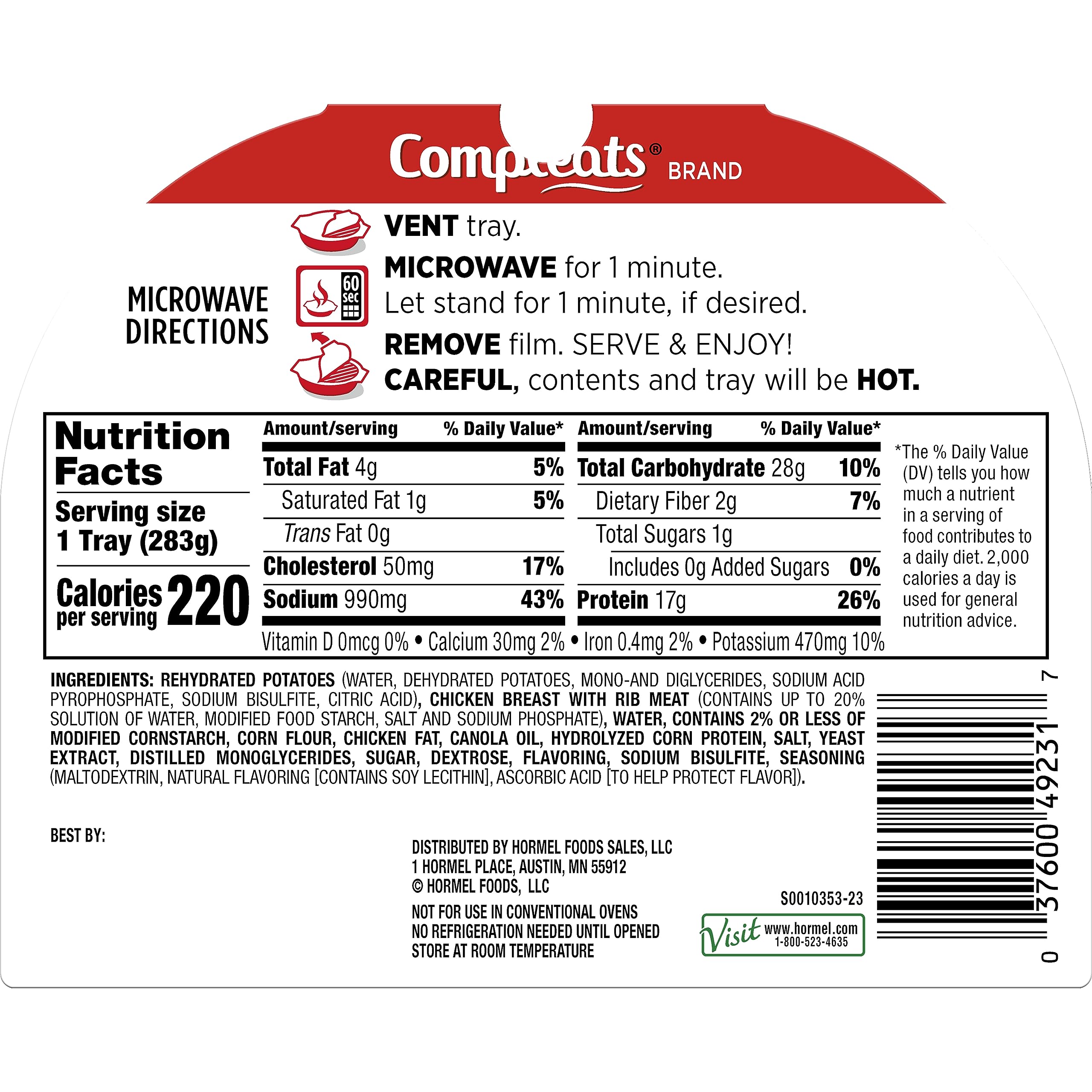 HORMEL COMPLEATS Chicken Breast & Mashed Potatoes With Gravy - Microwave Ready Meal Tray, 10 oz (Pack of 6) - Quick Lunch, Office Meal, or Emergency Food Supply