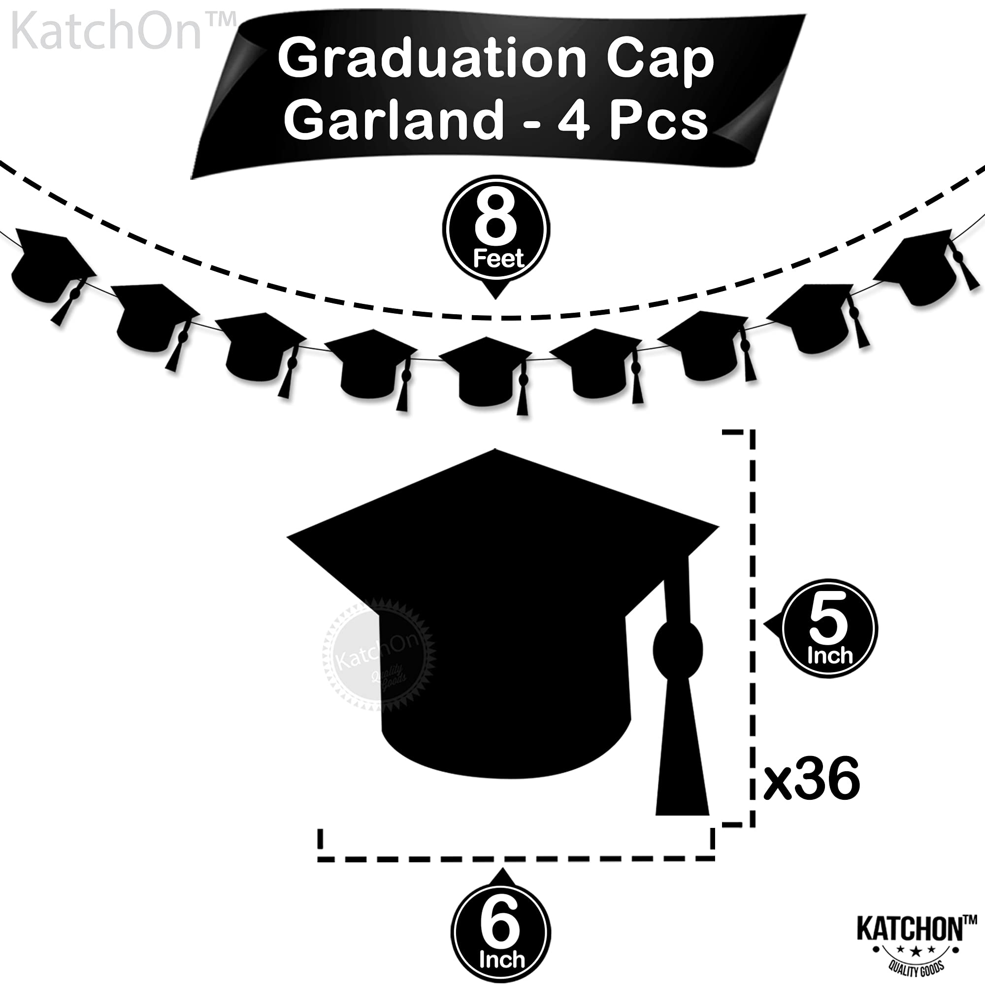KatchOn Black Felt Graduation Cap Garland - 4 String | Class of 2025 Graduation Party Decorations, Graduation Ceremony & Photo Backdrop Decor | Perfect for High School, College Graduation Celebrations & Commencement Parties