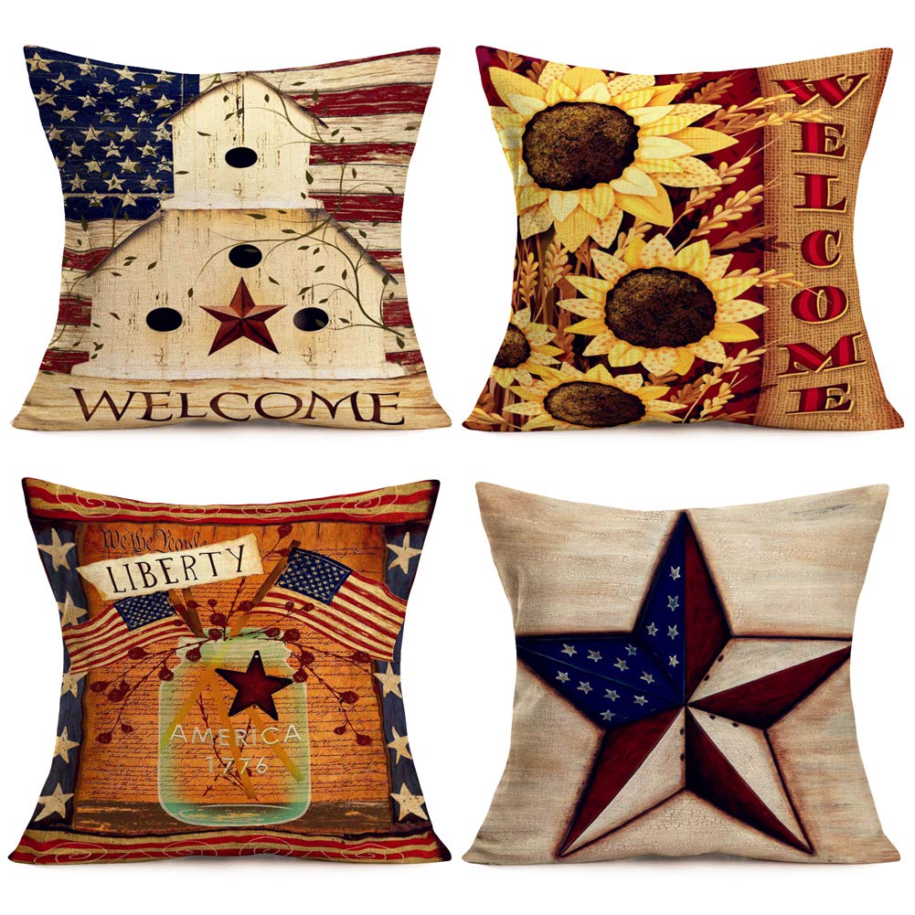 Fukeen Set of 4 Vintage Wood Patriotic American Flag Pillow Covers - 18x18 Inch Rustic Farmhouse Decor with Sunflower Design, Cotton Linen Blend Cushion Cases for Autumn Harvest, Thanksgiving & Seasonal Home Styling | Perfect for Living Room, Porch & Seasonal Decorations