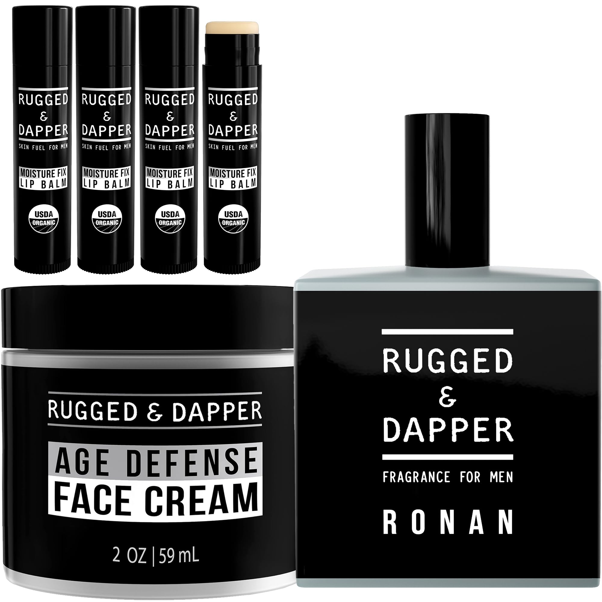 RUGGED & DAPPER Men's Grooming Kit - Lip Balm, Cologne & Face Cream Set for Dry Skin Care | Perfect Gift for Him, Travel & Daily Use
