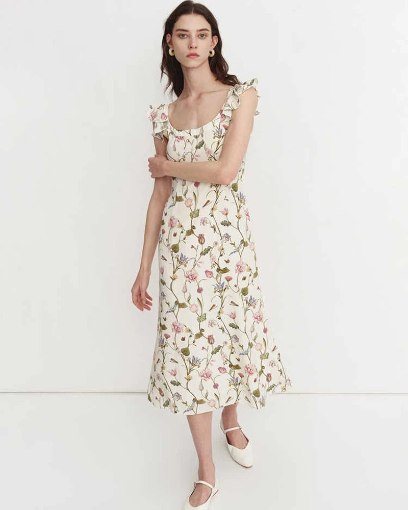 Floral Ruffle Shoulder Silk Dress - Elegant Women's Summer Party Cocktail Dress for Weddings, Dinners & Special Occasions