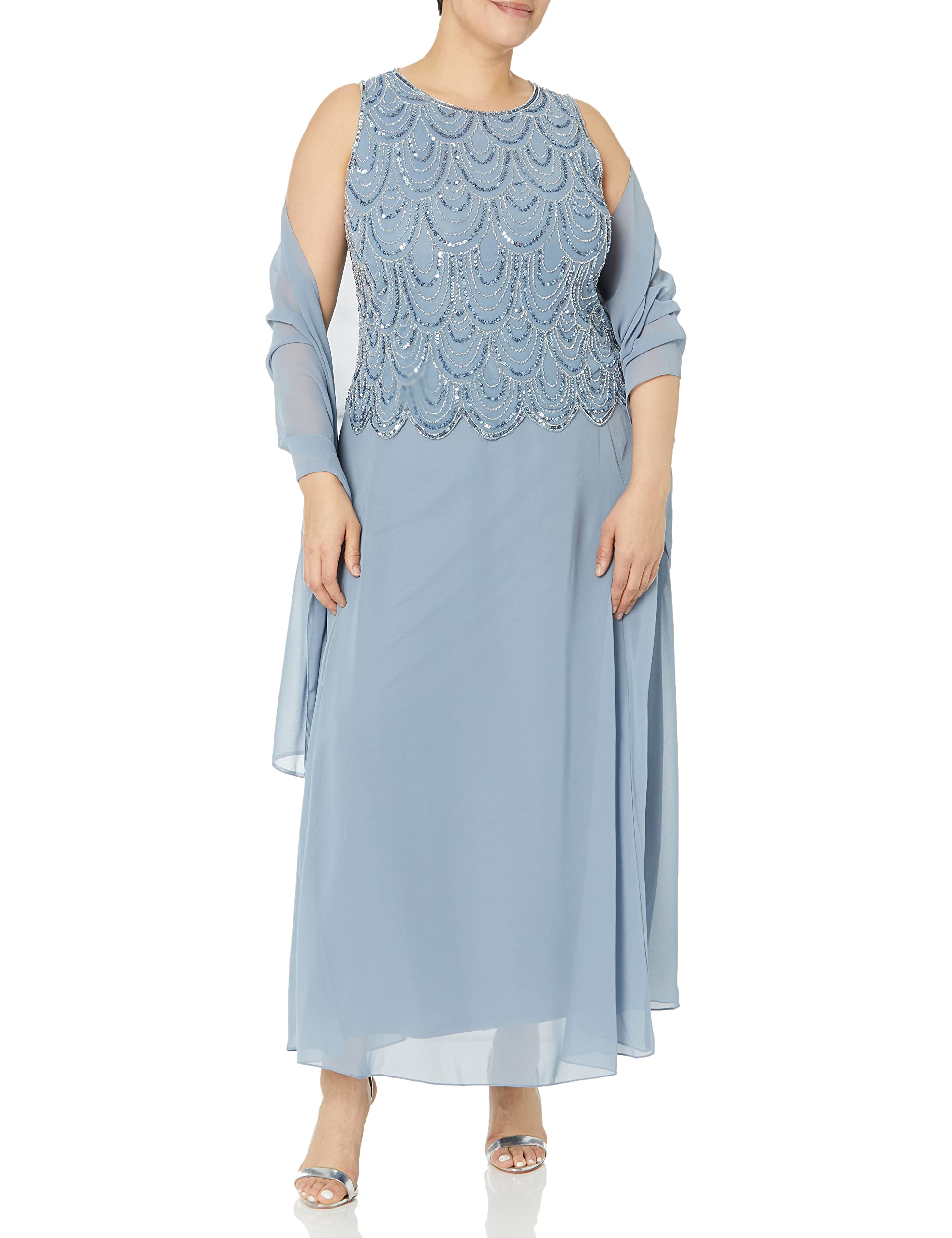 J Kara Women's Plus Size Sleeveless Beaded Evening Gown with Scallop Neckline & Detachable Scarf - Elegant Formal Dress for Prom, Wedding Guest, Gala & Special Occasions