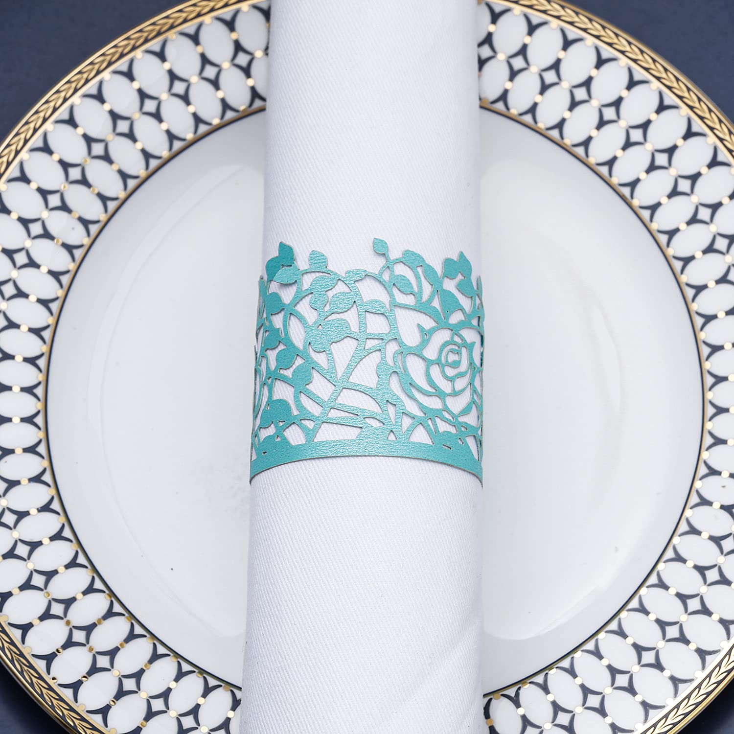 50pcs Disposable Rose Flower Paper Napkin Rings - Leaf Vine Serviette Rings for Wedding, Party & Table Decoration - Elegant Blue Floral Design - Perfect for Bridal Showers, Anniversary Dinners & Fine Dining Events