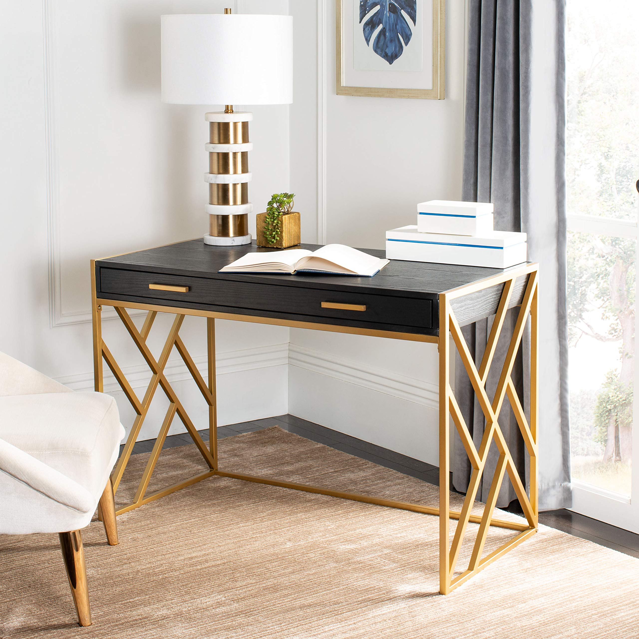 Safavieh Elaine Modern Black and Gold 1-Drawer Home Office Desk - Stylish Writing Desk for Small Spaces, Home Office & Study Rooms