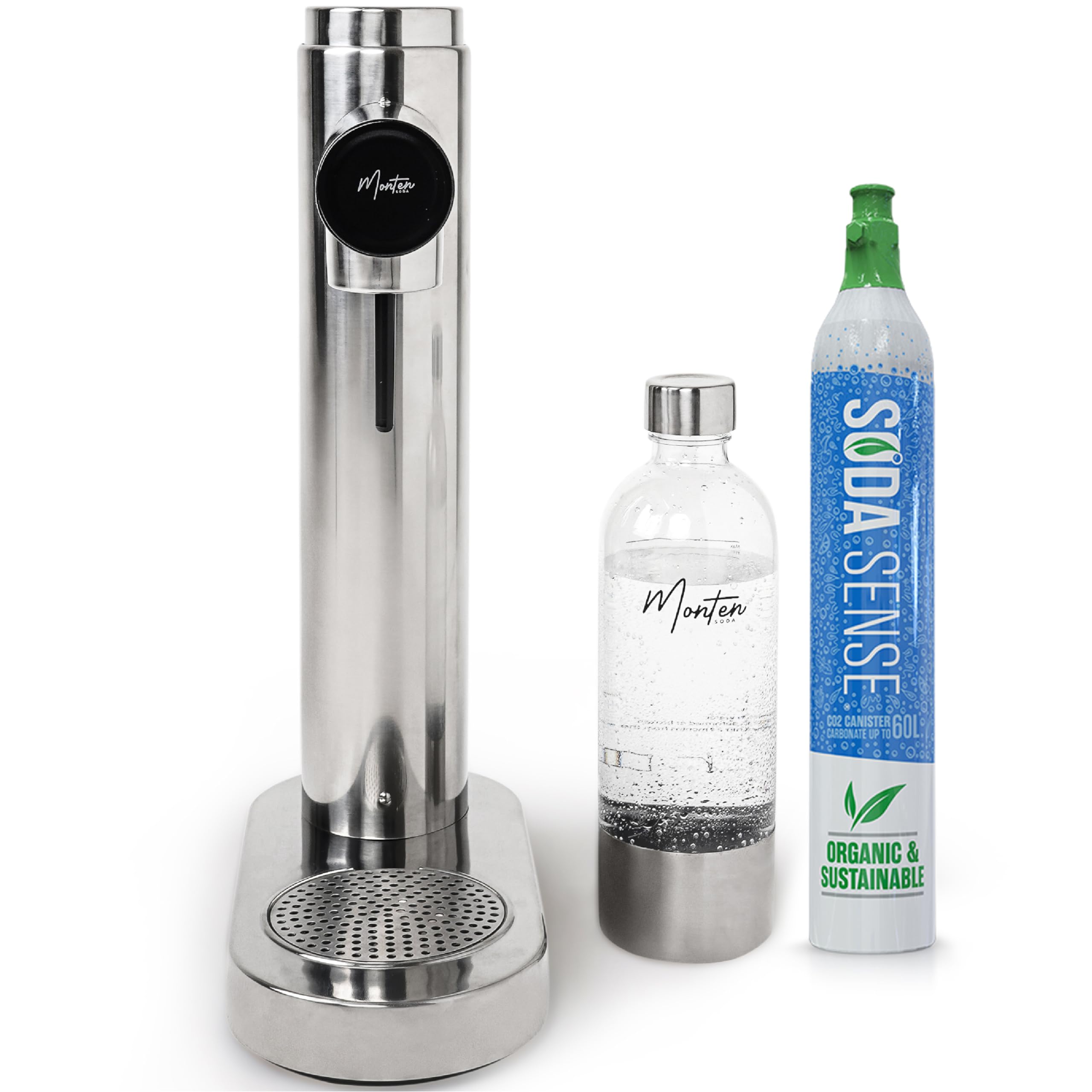 Premium Polished Steel Sparkling Water Maker Kit - Includes 60L SodaSense CO2 Cylinder & 900ML Reusable PET Bottle - Eco-Friendly Home Carbonation System - Perfect for Making Healthy Sparkling Water, Soda, and Cocktails at Home