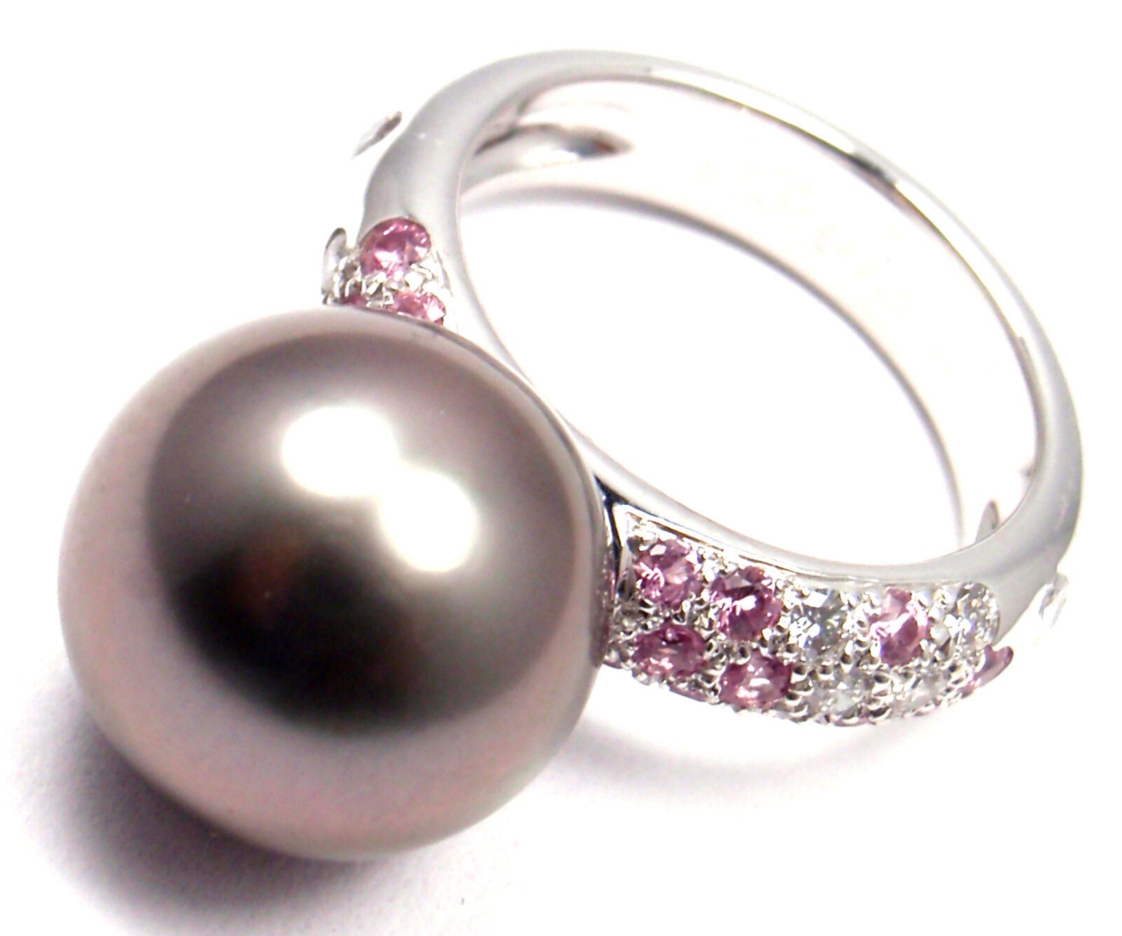 Authentic Cartier 18K White Gold Tahitian Pearl Diamond Pink Sapphire Ring for Women - Luxury Jewelry Gift for Anniversary, Valentine's Day & Special Occasions